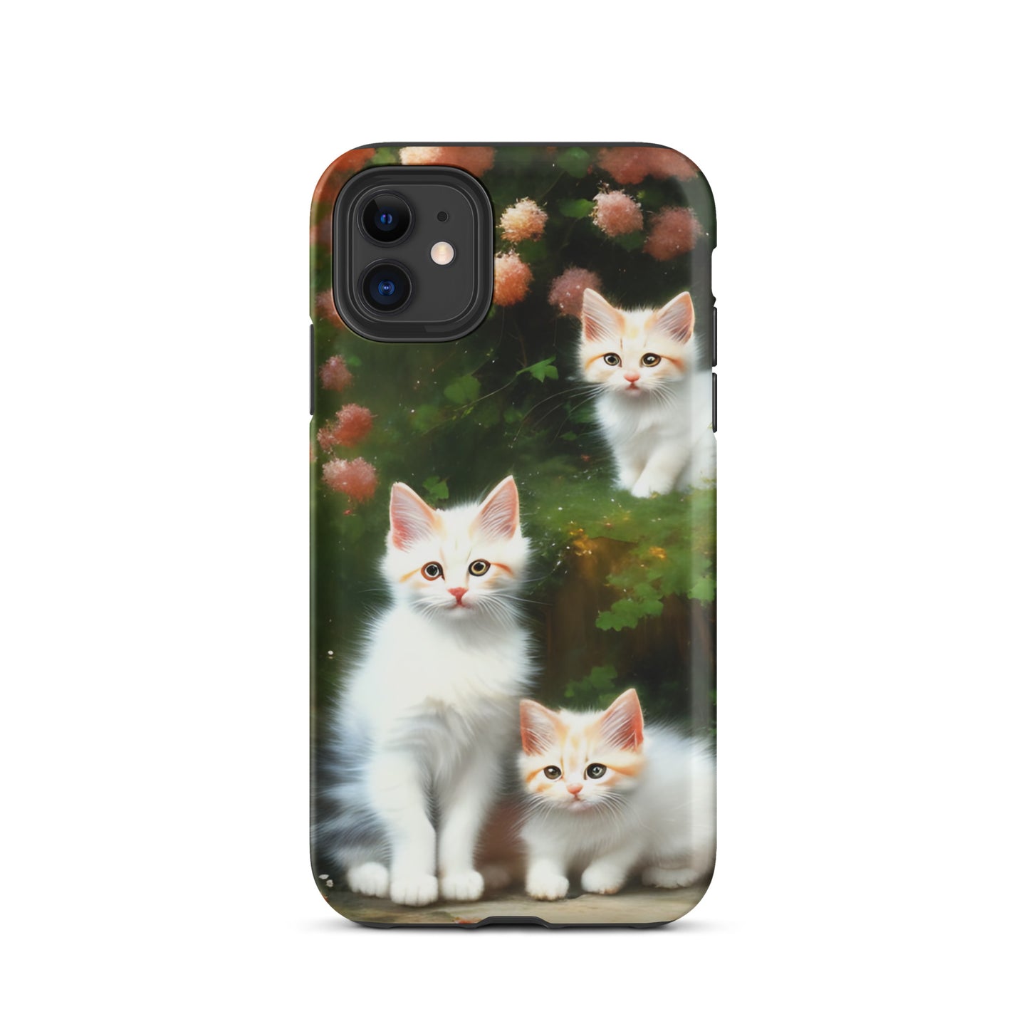 A picture of a iphone tough case with 3 fluffy white and orange kittens and peach colored flowers in the background - matte-iphone-11-front