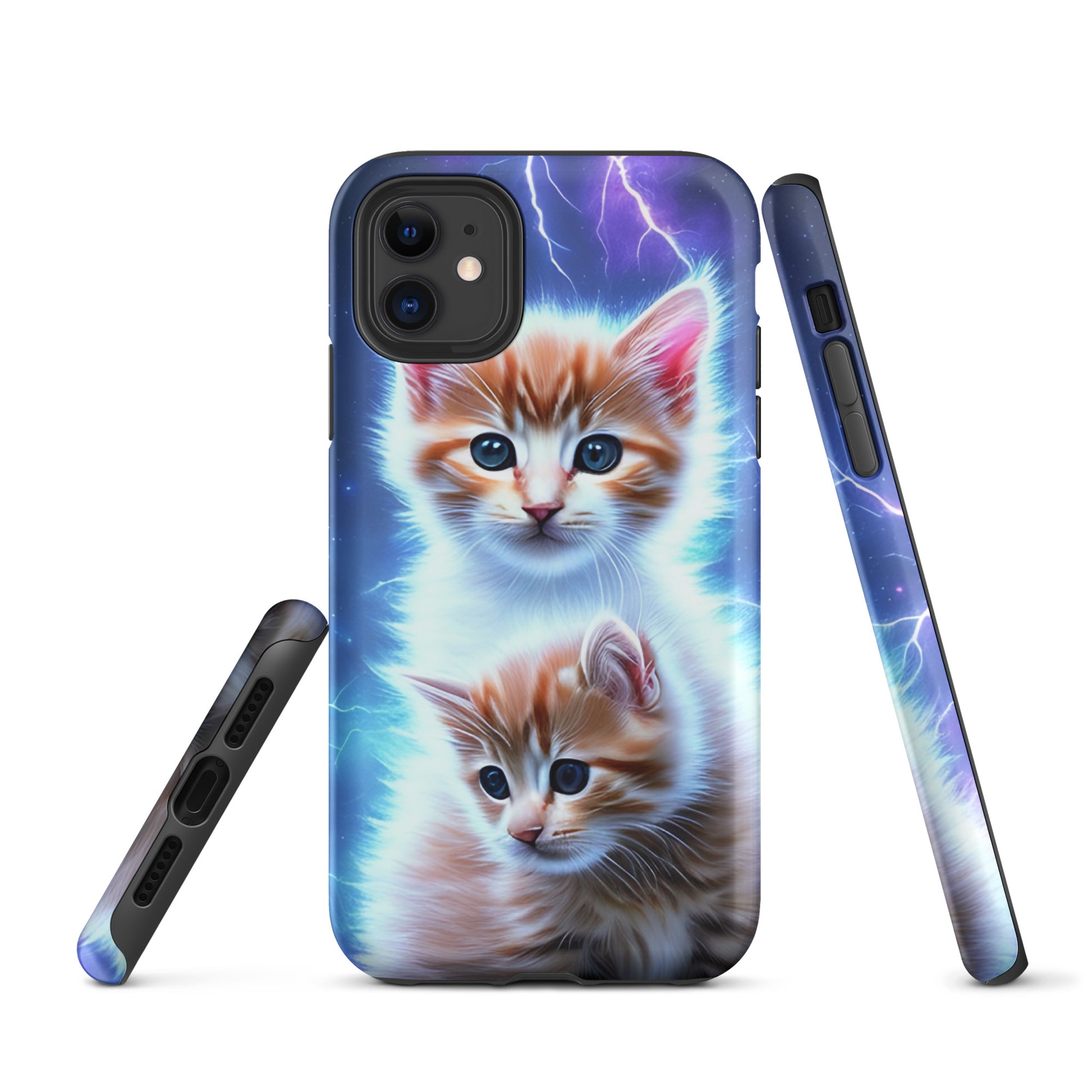 A picture of a iphone tough mobile phone case with fluffy 2 orange and white kittens against a stormy background - matte-iphone-11-front