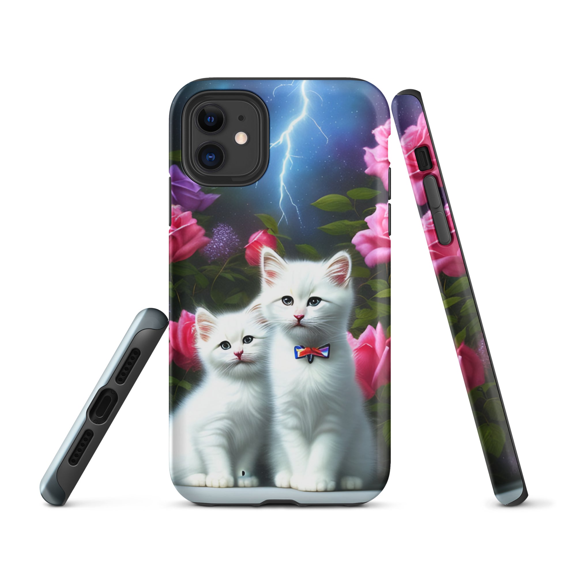 A picture of a iphone tough mobile phone case with 2 white kittens sitting in a flower garden and pink roses - matte-iphone-11-front