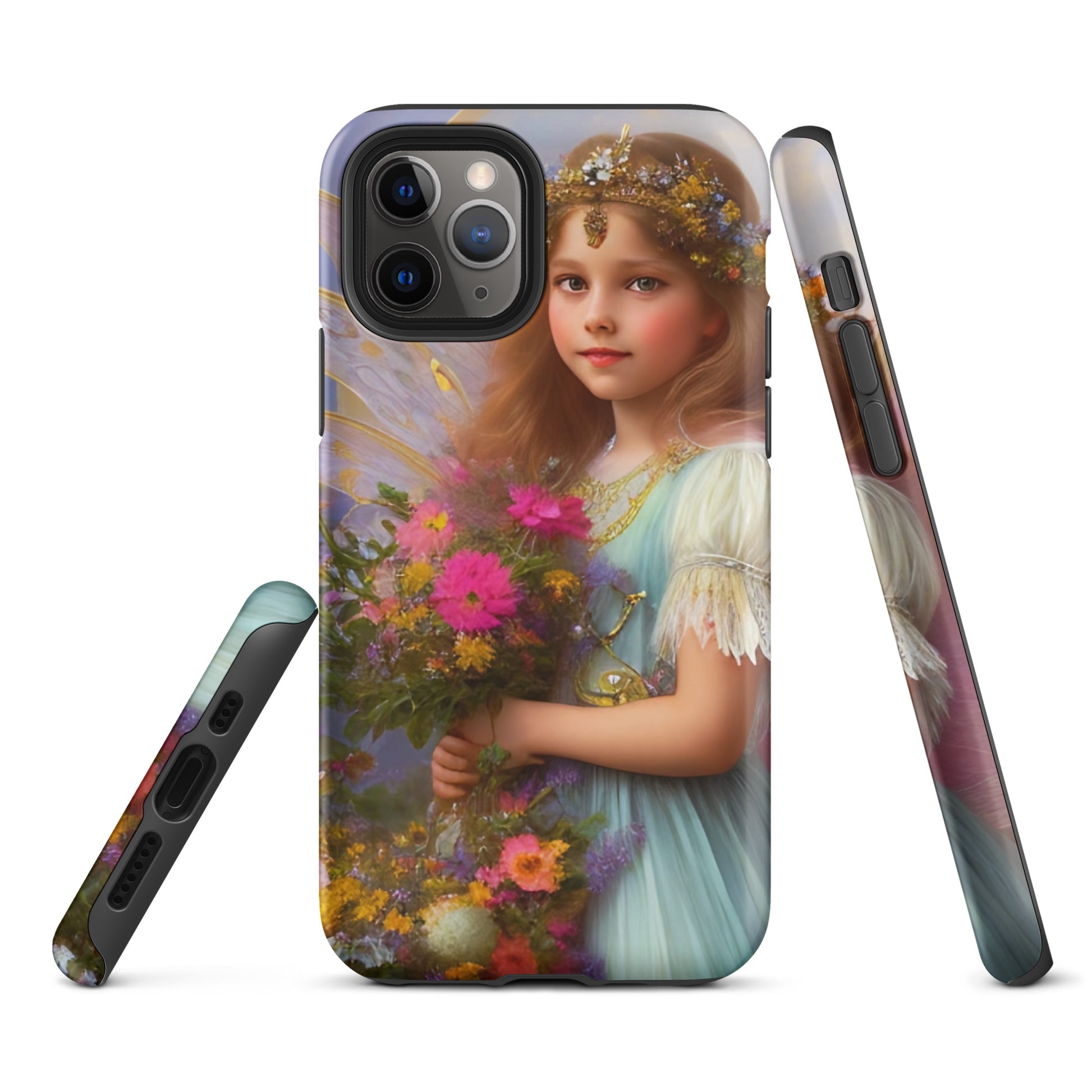 A picture of a iphone tough case with a beautiful young fairy princess, glittering crown and detailed dress. She is holding a bunch of colorful flowers and has very pretty fairy wings   - matte-iphone-11-pro-front