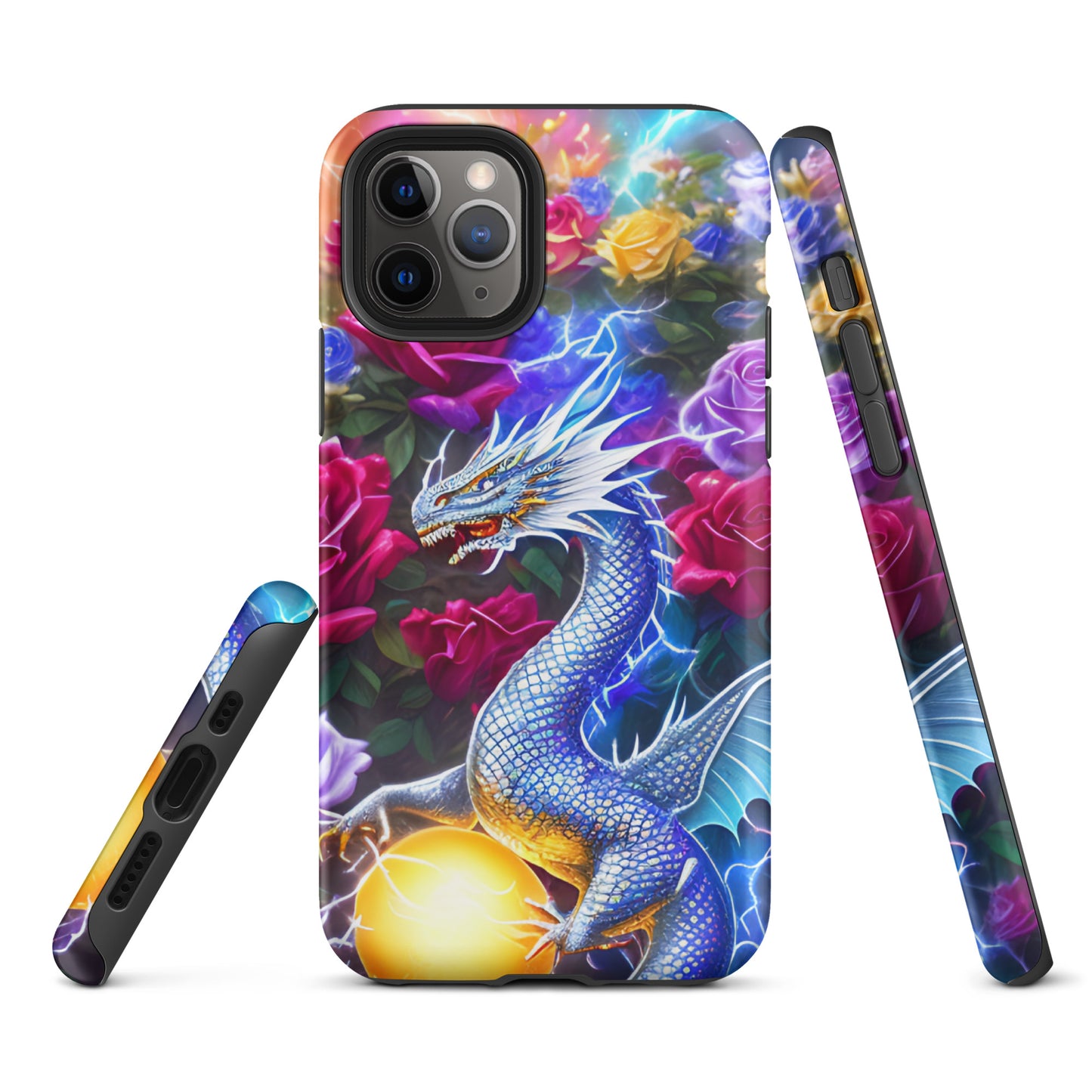 A fantasy picture of Dragon Garden #4 iPhone tough case with many colorful roses and in the middle is a white and blue dragon with a gold dragon egg and crackling lightning bolts - matte-iphone-11-pro-front