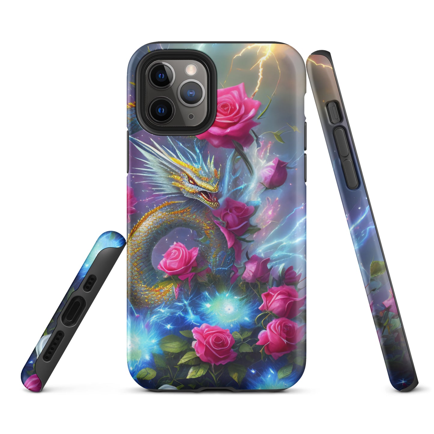 A fantasy picture of Dragon Garden #3 iPhone tough case with pink of roses and in the middle is a blue and gold dragon with colorful lightning bolts - matte-iphone-11-pro-front