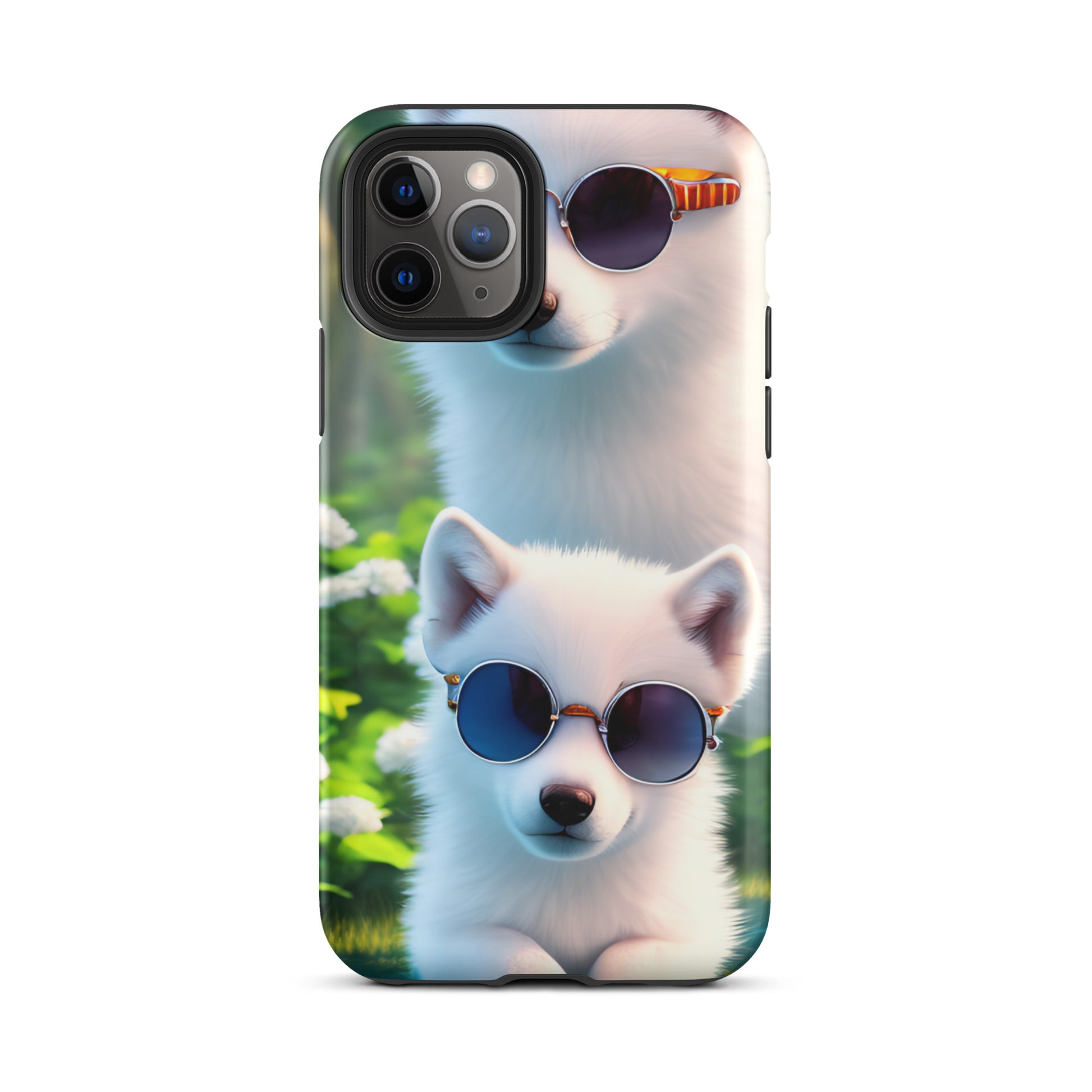 A fantasy picture of 2 white wolf cubs wearing sunglasses iPhone tough case with many colored flowers and 2 wolf cubs  - matte-iphone-11-pro-front