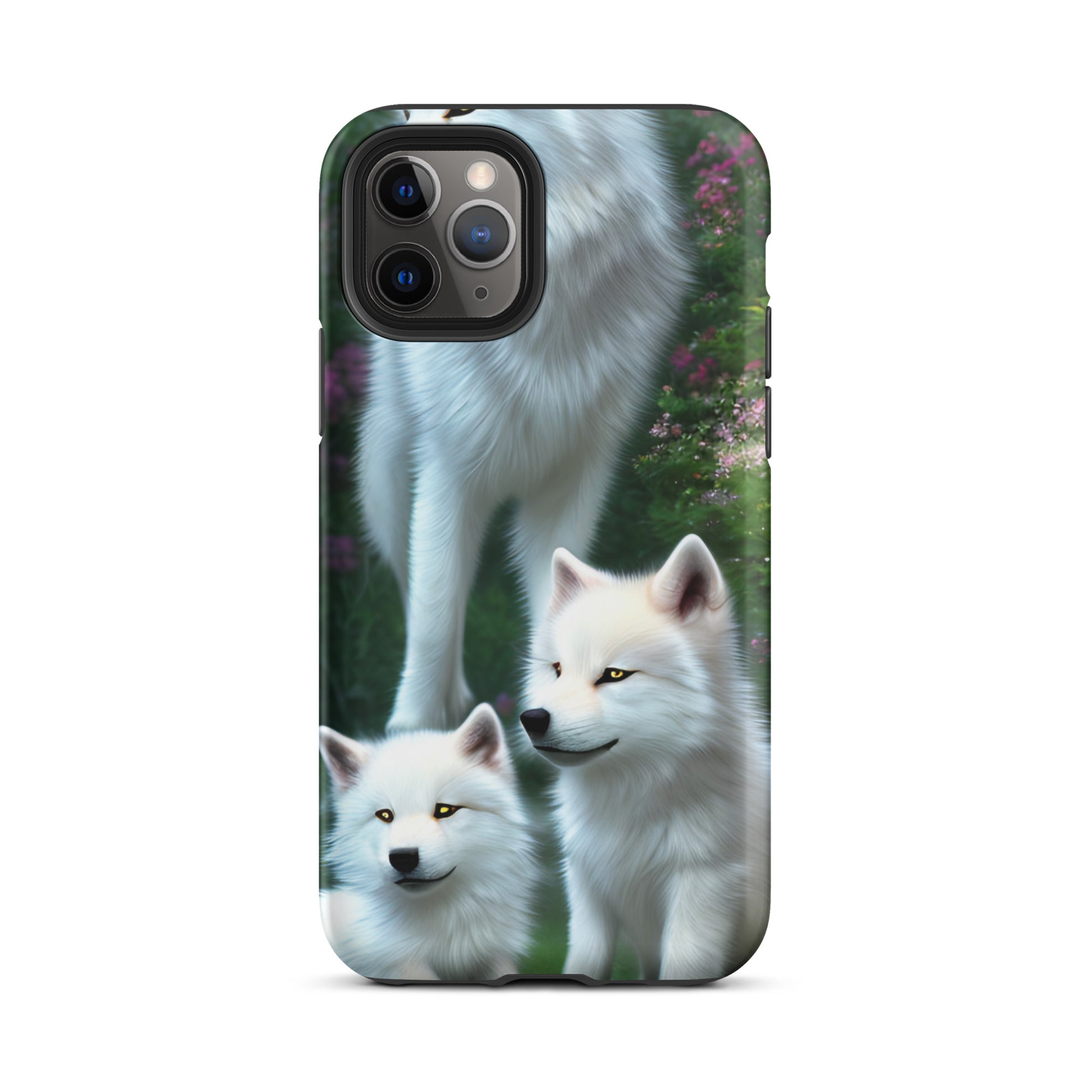 A fantasy picture of white wolves iPhone tough case with many colored flowers and 2 wolf cubs bottom front with an Mother Wolf standing behind - matte-iphone-11-pro-front