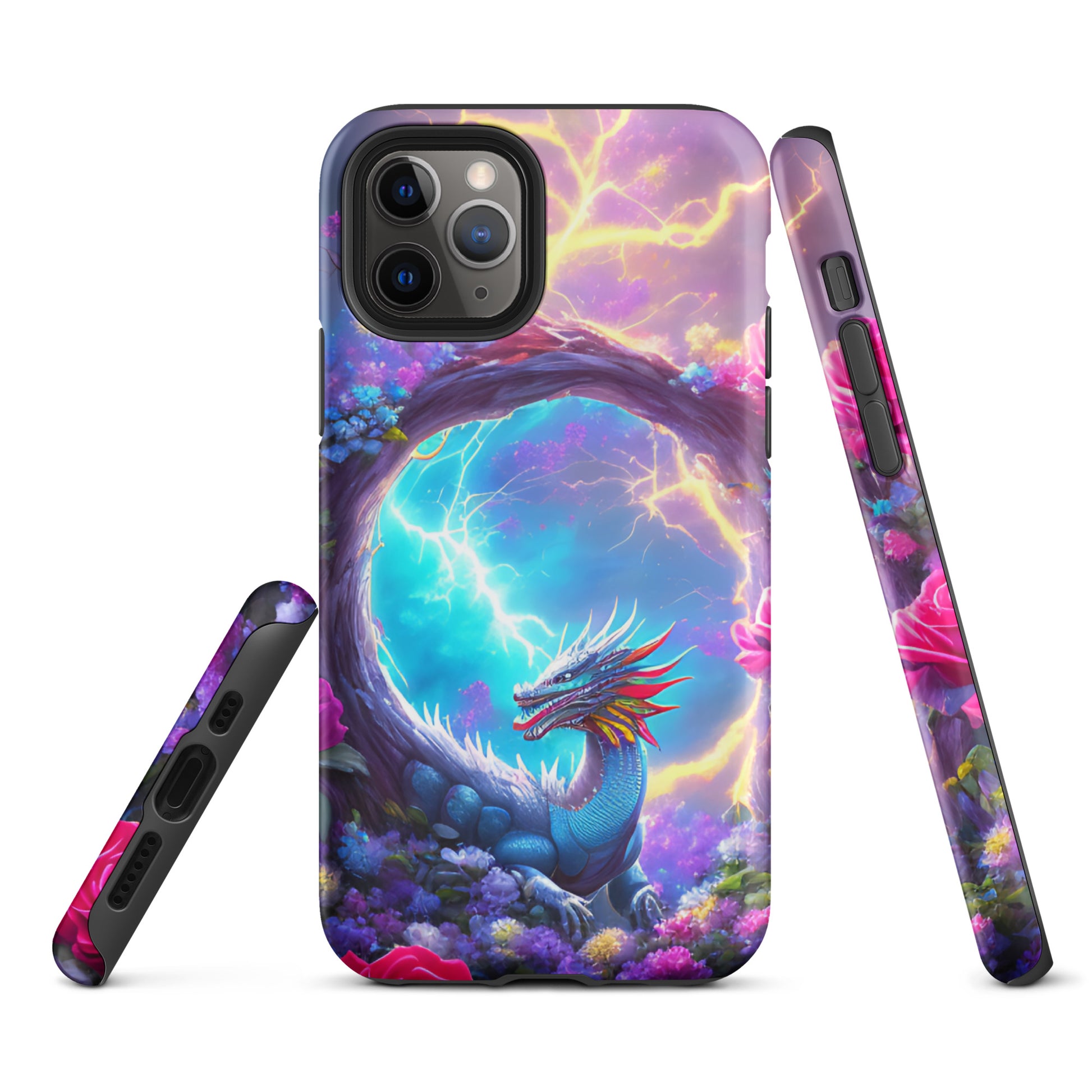 A fantasy picture of Dragon Garden iPhone tough case with many colors of roses and in the middle is a rainbow dragon with lightning bolts - matte-iphone-11-pro front