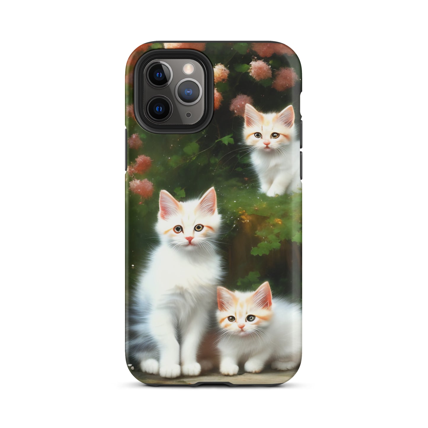 A picture of a iphone tough case with 3 fluffy white and orange kittens and peach colored flowers in the background - matte-iphone-11-pro-front