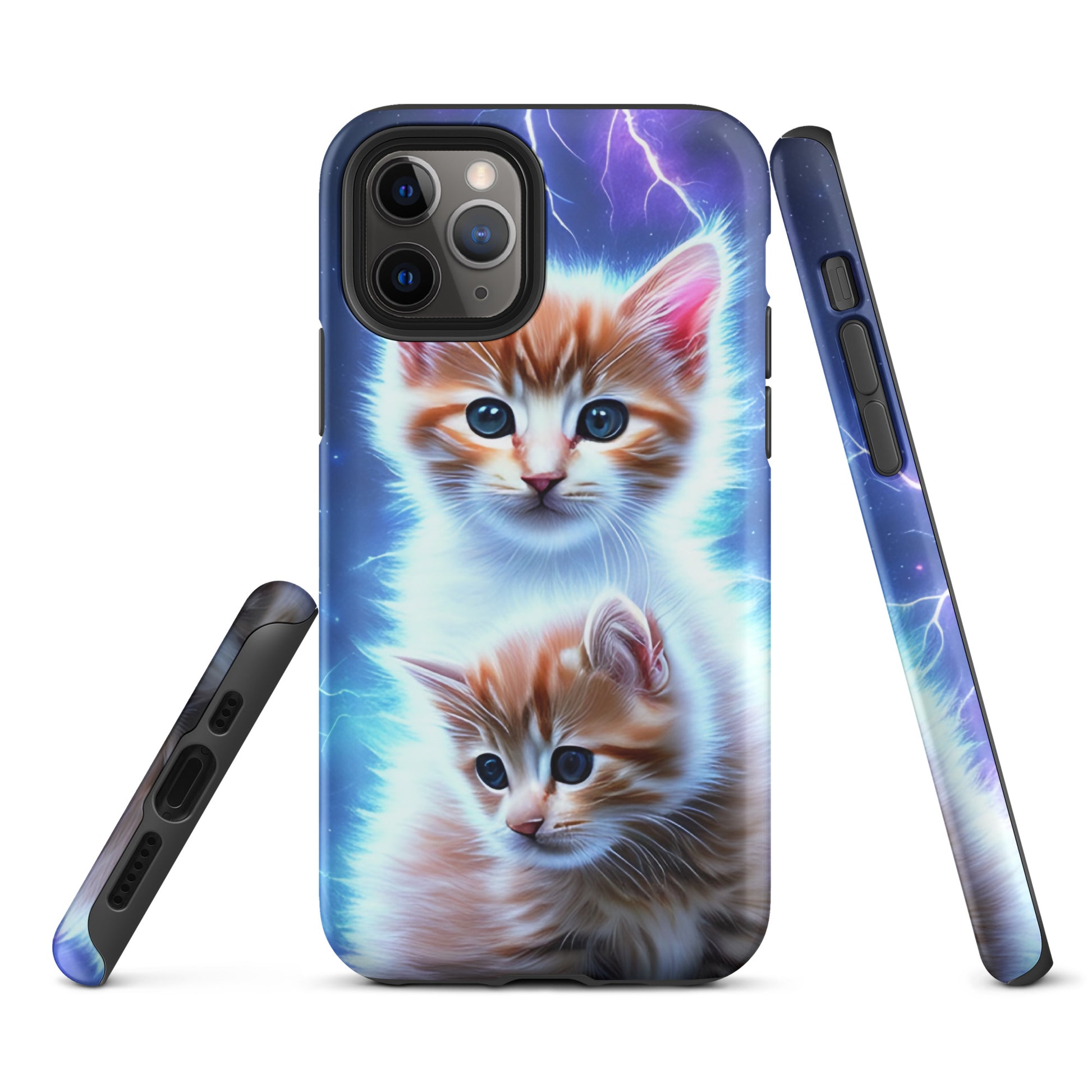 A picture of a iphone tough mobile phone case with fluffy 2 orange and white kittens against a stormy background - matte-iphone-11-pro-front