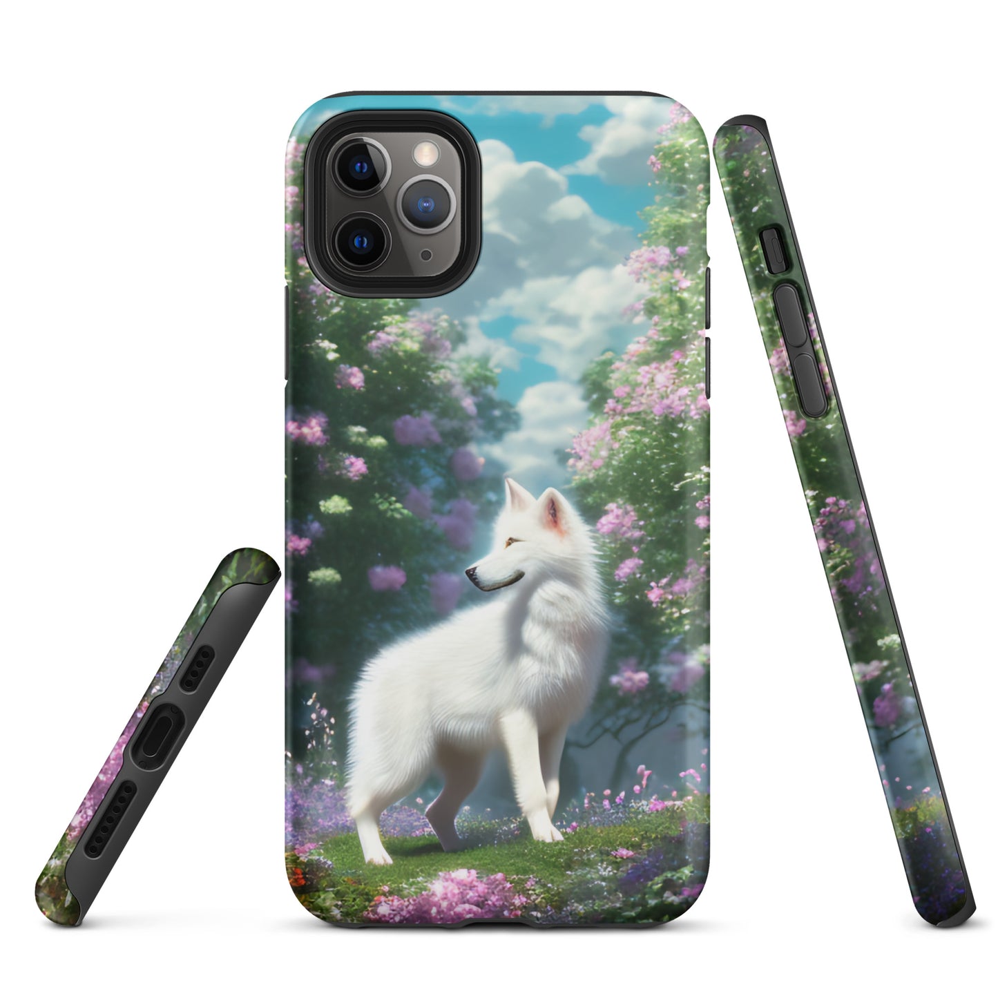 A fantasy picture of white wolf iPhone tough case full picture of a lone white wolf standing in a garden full of flowers - matte-iphone-11-pro-max-front