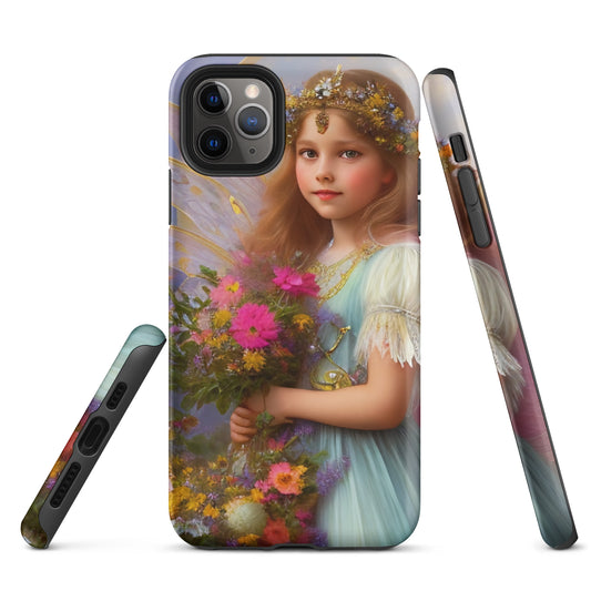 A picture of a iphone tough case with a beautiful young fairy princess, glittering crown and detailed dress. She is holding a bunch of colorful flowers and has very pretty fairy wings   - matte-iphone-11-pro-max-front