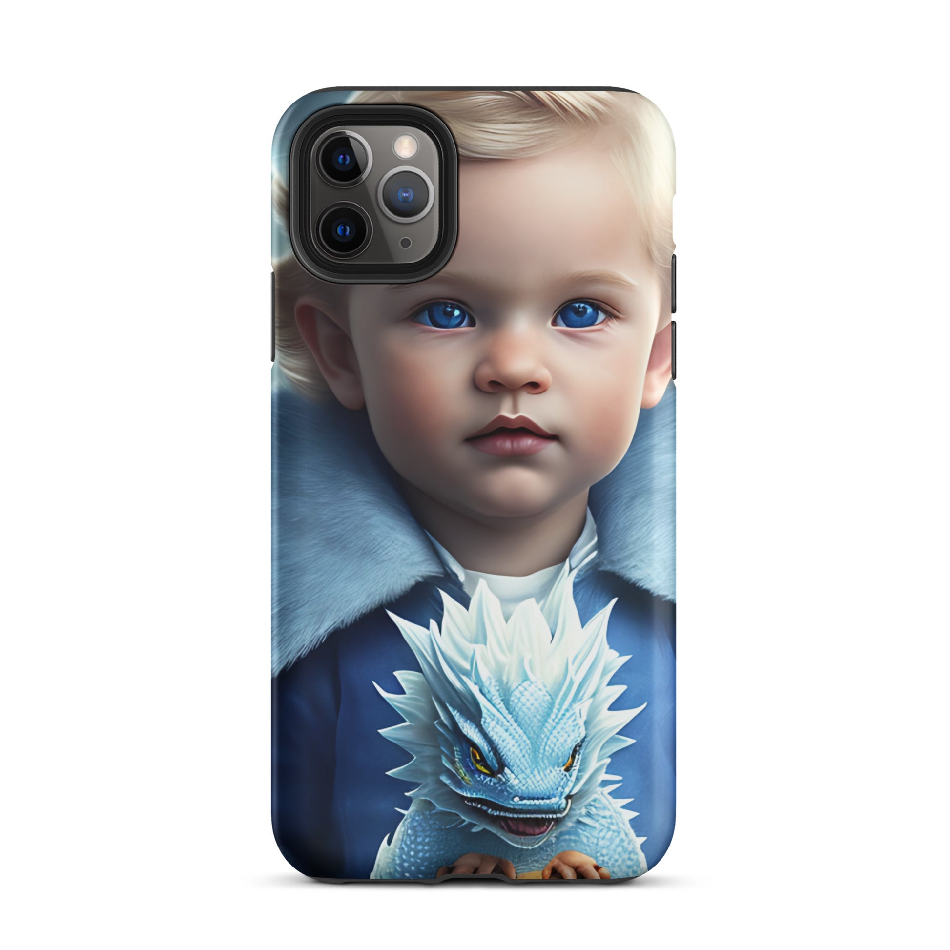 A picture of a an iphone case with a blond haired blue eyed boy, blue top holding a baby ice dragon in front - Dragon Prince #2 tough iphone case - matte-iphone-11-pro-max-front
