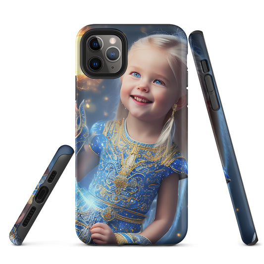 A picture of a an iphone case with a blond haired blue eyed girl, blue dress with gold intricate patter Dragon Princess #4 tough iphone case - matte-iphone-11-pro-max-front