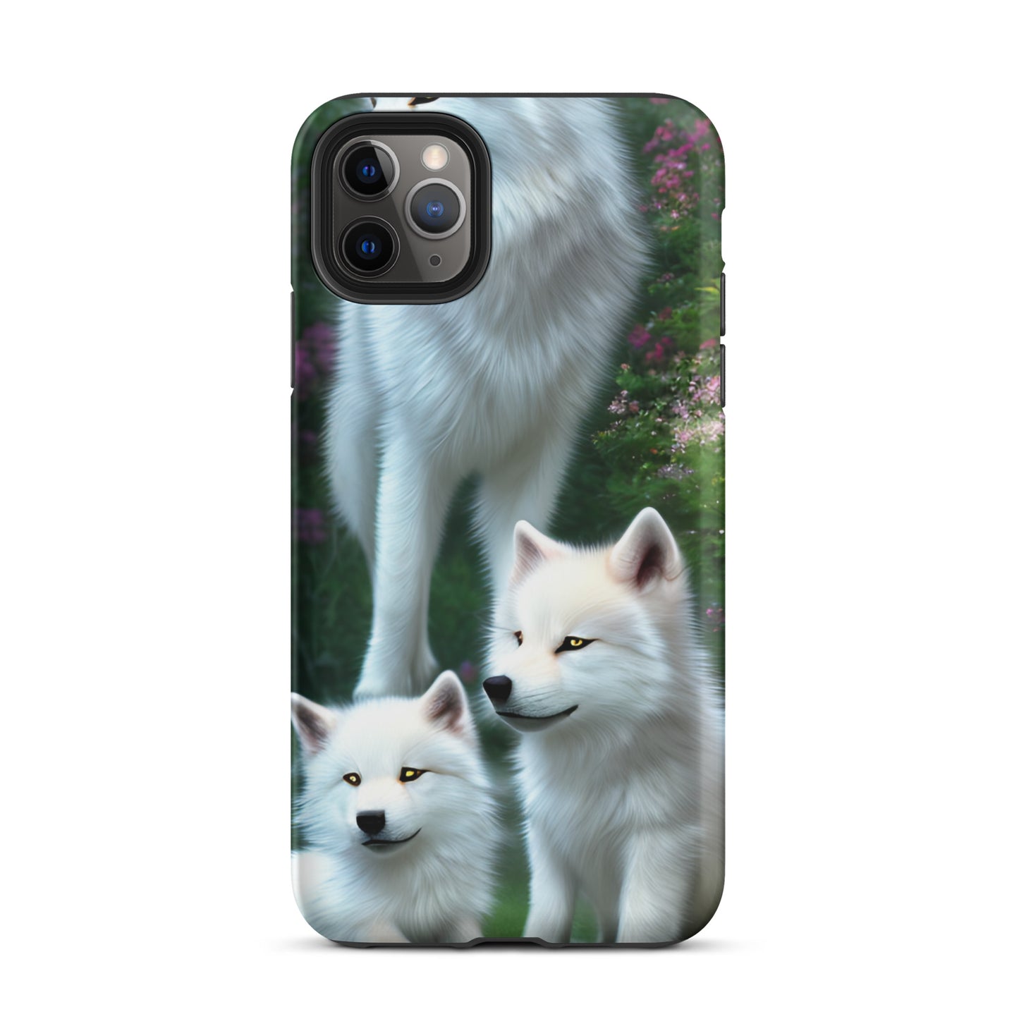 A fantasy picture of white wolves iPhone tough case with many colored flowers and 2 wolf cubs bottom front with an Mother Wolf standing behind - matte-iphone-11-pro-max-front