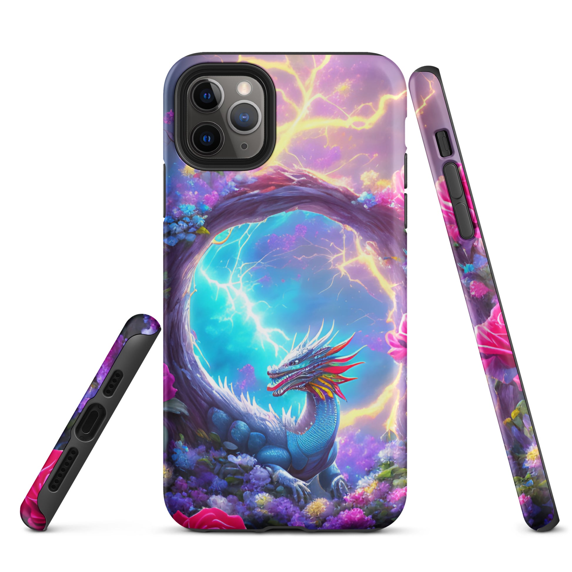 A fantasy picture of Dragon Garden iPhone tough case with many colors of roses and in the middle is a rainbow dragon with lightning bolts - matte-iphone-11-pro-max-front