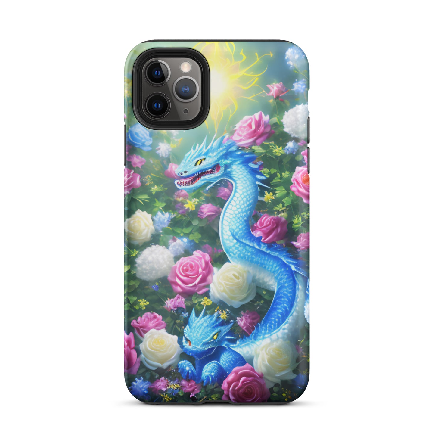 A fantasy picture of Dragon Garden #5 iPhone tough case with many colors of roses and in the middle is a blue dragon with it's baby - matte-iphone-11-pro-max-front