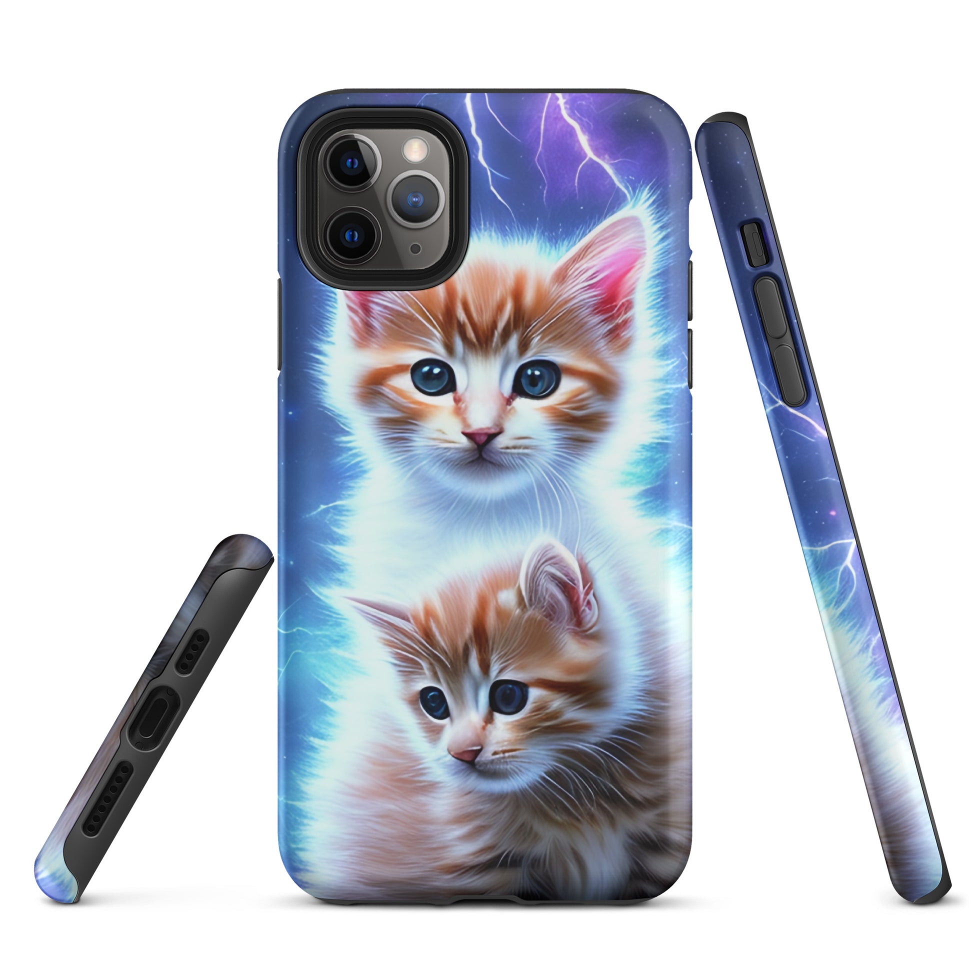 A picture of a iphone tough mobile phone case with fluffy 2 orange and white kittens against a stormy background - matte-iphone-11-pro-max-front