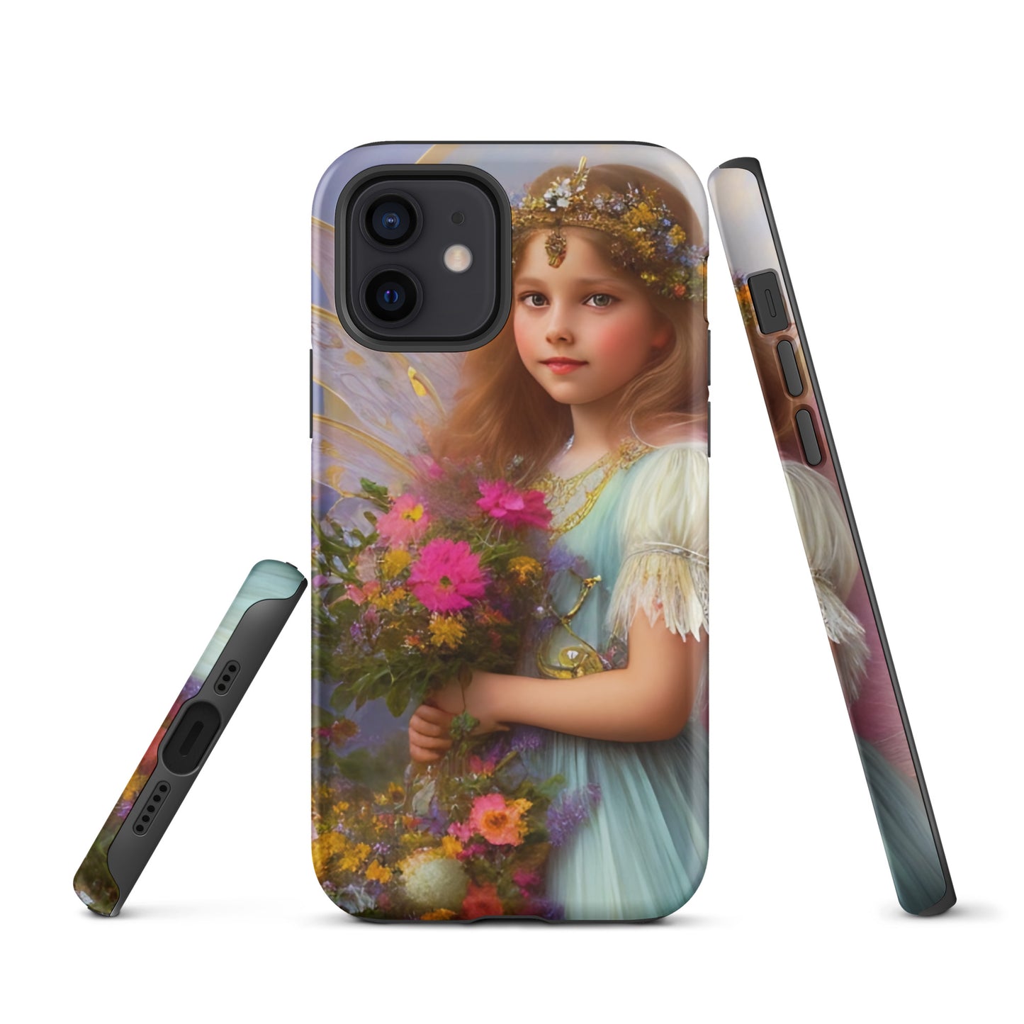 A picture of a iphone tough case with a beautiful young fairy princess, glittering crown and detailed dress. She is holding a bunch of colorful flowers and has very pretty fairy wings   - matte-iphone-12-front