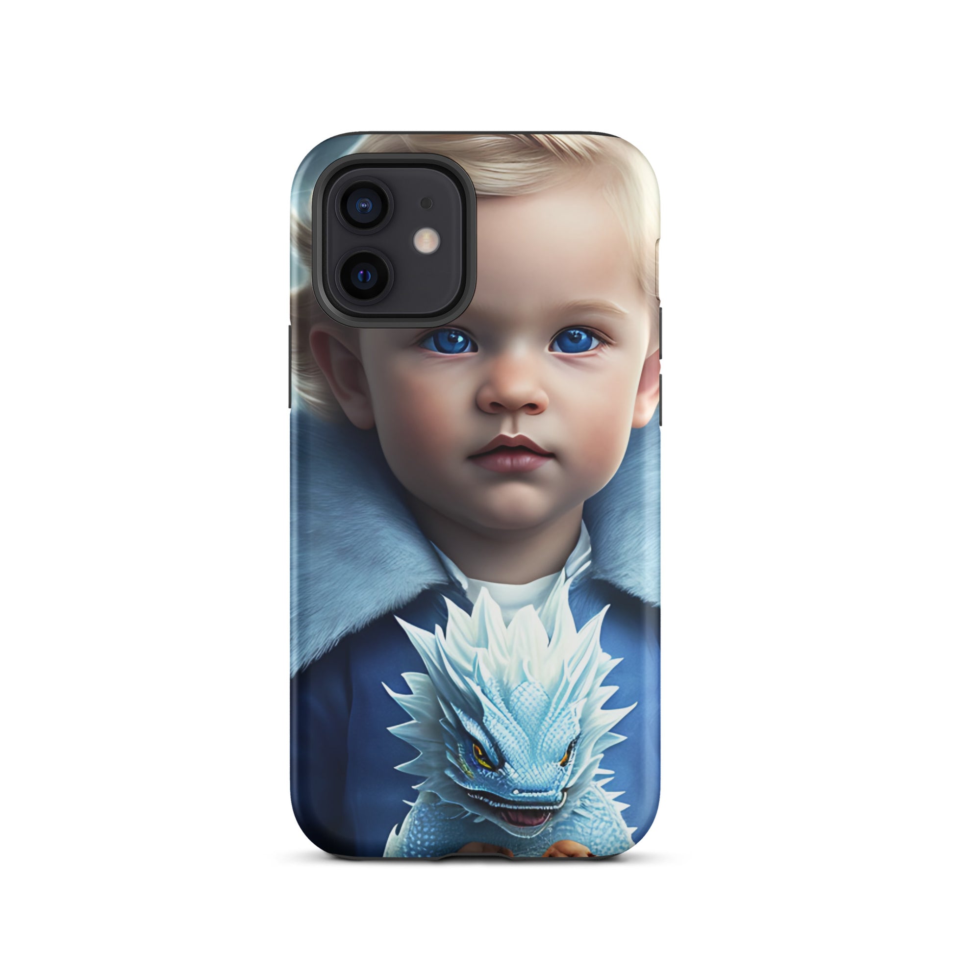 A picture of a an iphone case with a blond haired blue eyed boy, blue top holding a baby ice dragon in front - Dragon Prince #2 tough iphone case - matte-iphone-12-front
