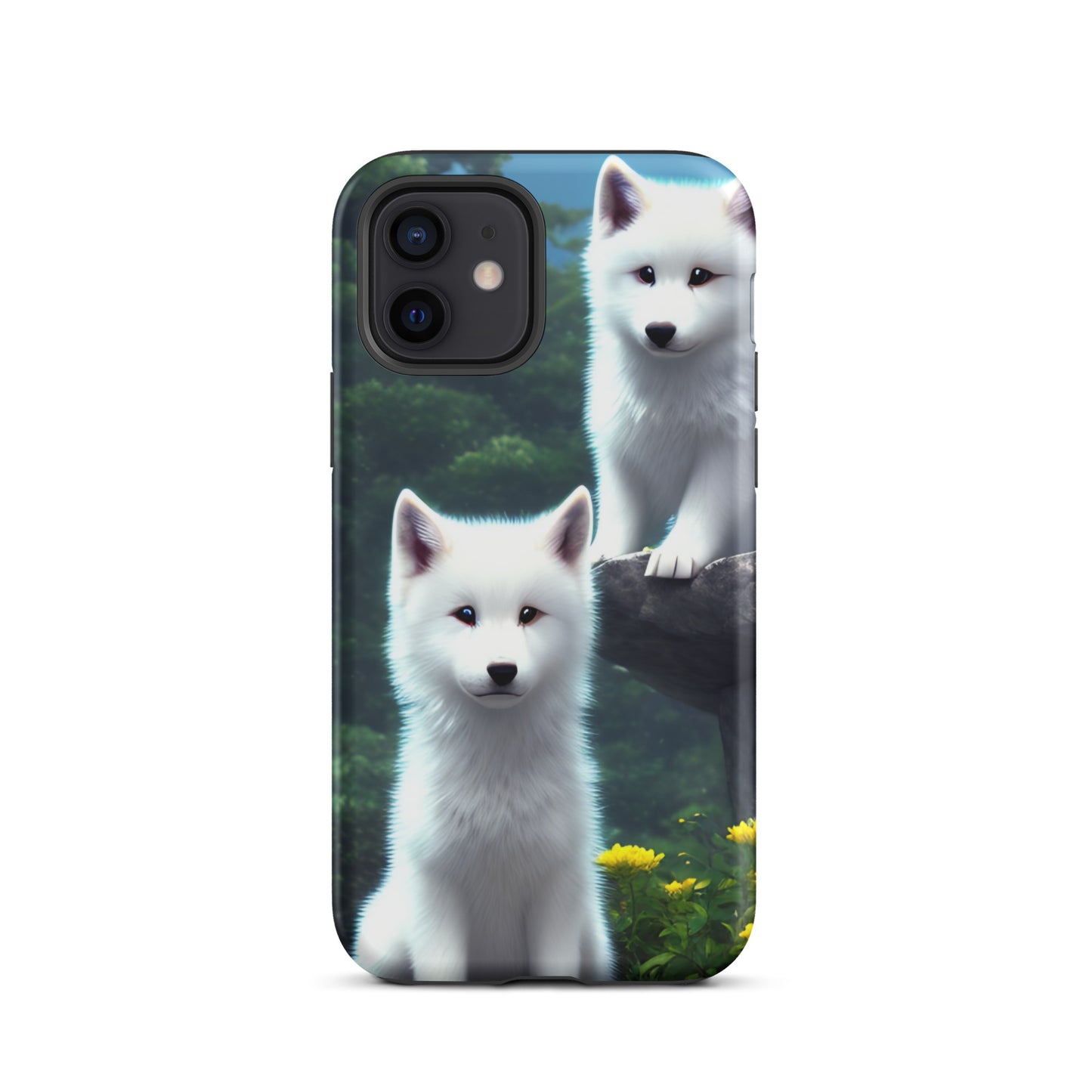 A fantasy picture of 2 white wolf cubs sitting looking straight on iPhone tough case - matte-iphone-12-front