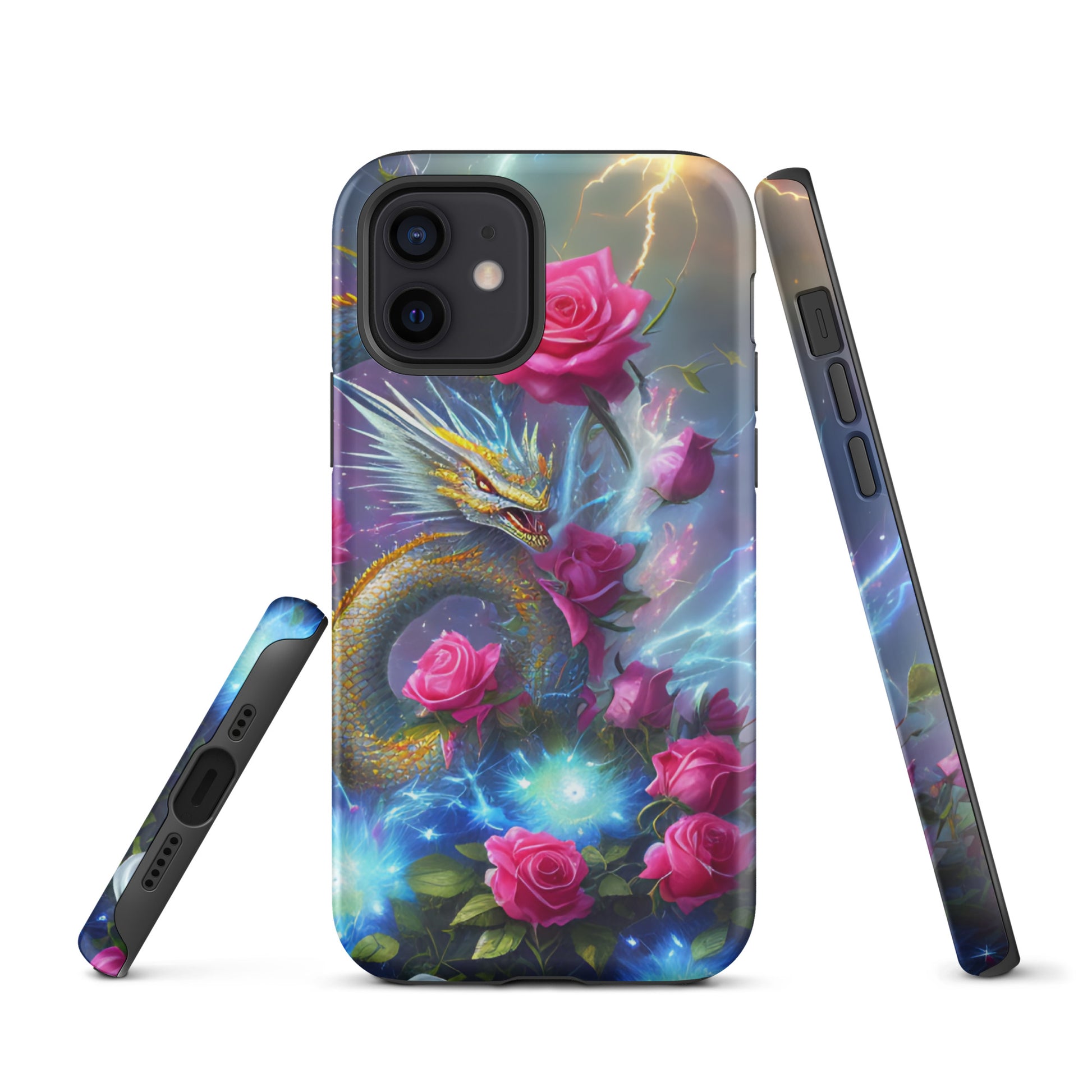 A fantasy picture of Dragon Garden #3 iPhone tough case with pink of roses and in the middle is a blue and gold dragon with colorful lightning bolts - matte-iphone-12-front