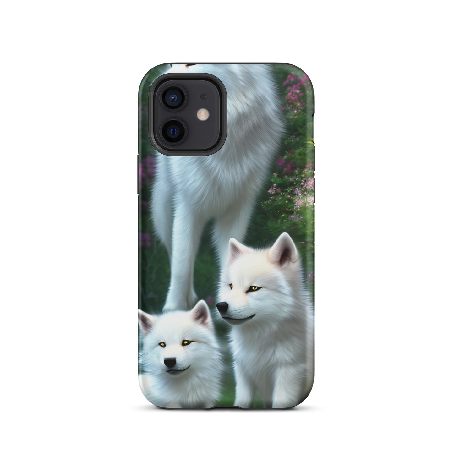 A fantasy picture of white wolves iPhone tough case with many colored flowers and 2 wolf cubs bottom front with an Mother Wolf standing behind - matte-iphone-12-front