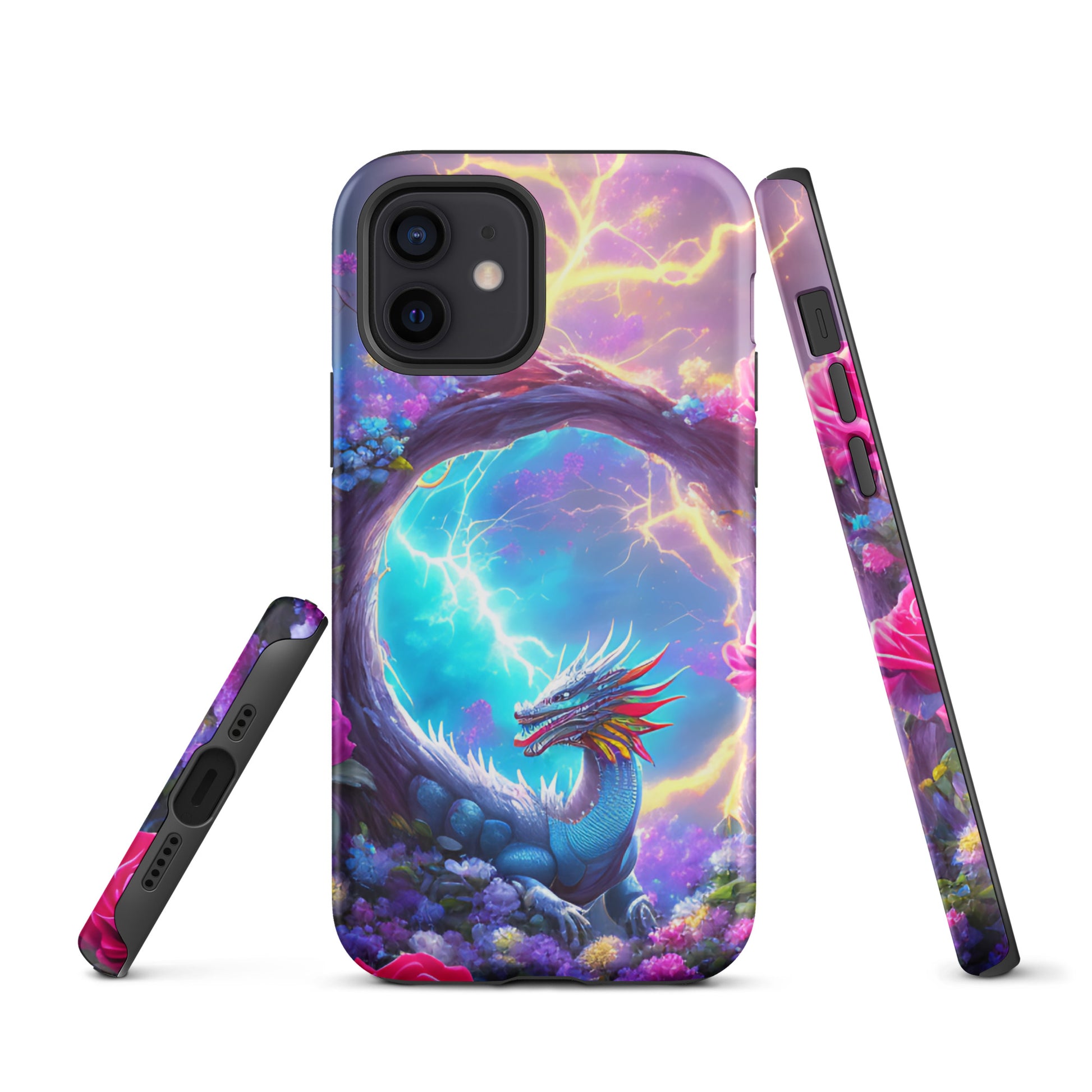 A fantasy picture of Dragon Garden iPhone tough case with many colors of roses and in the middle is a rainbow dragon with lightning bolts - matte-iphone-12-front