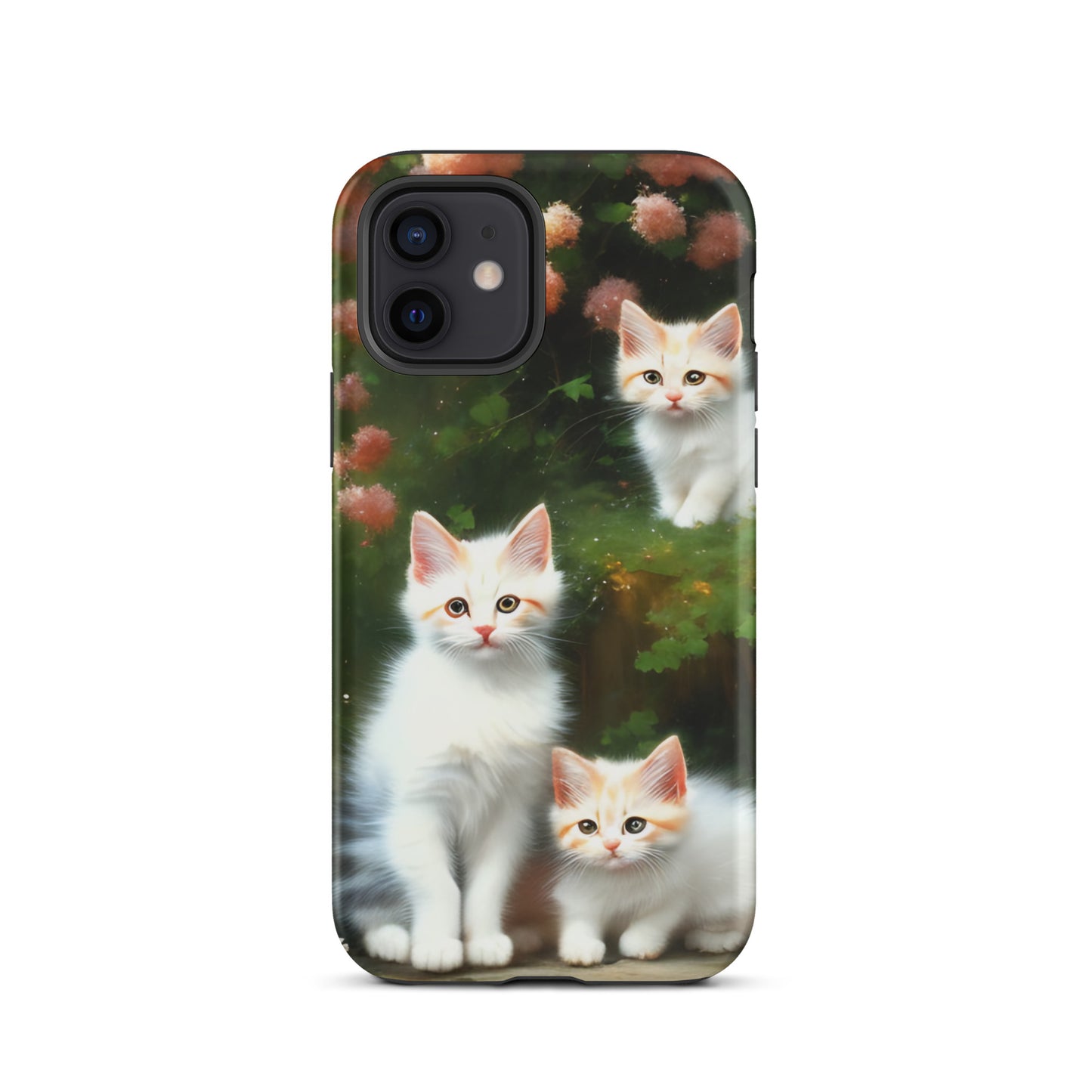 A picture of a iphone tough case with 3 fluffy white and orange kittens and peach colored flowers in the background - matte-iphone-12-front