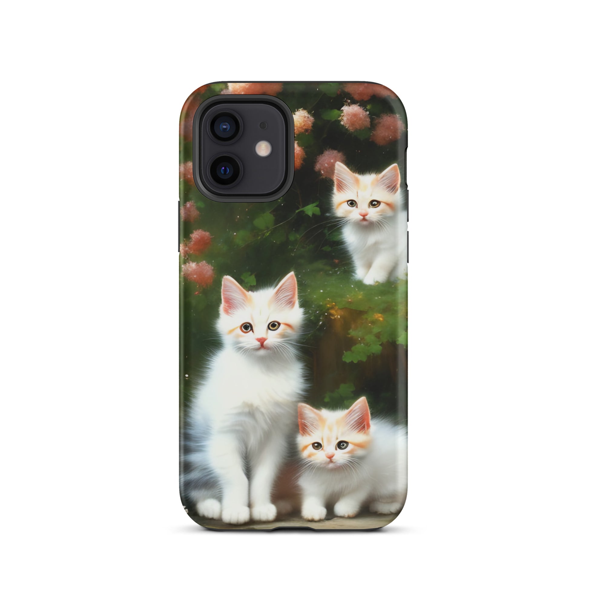 A picture of a iphone tough case with 3 fluffy white and orange kittens and peach colored flowers in the background - matte-iphone-12-front