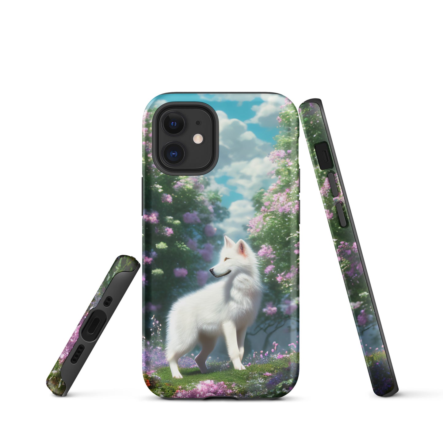 A fantasy picture of white wolf iPhone tough case full picture of a lone white wolf standing in a garden full of flowers - matte-iphone-12-mini-front