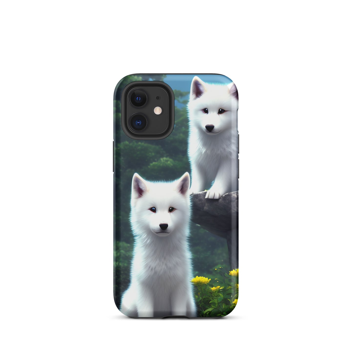 A fantasy picture of 2 white wolf cubs sitting looking straight on iPhone tough case - matte-iphone-12-mini-front