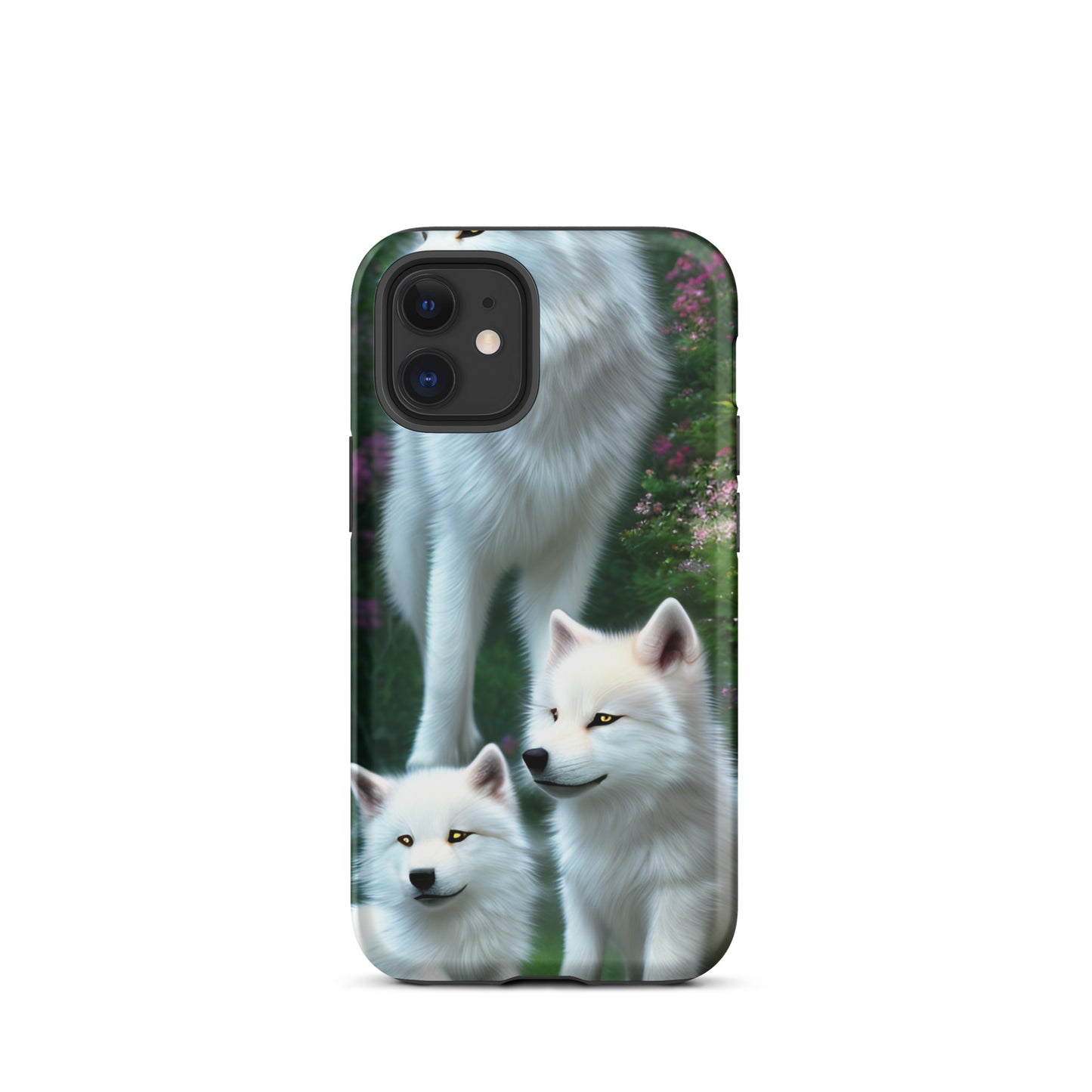 A fantasy picture of white wolves iPhone tough case with many colored flowers and 2 wolf cubs bottom front with an Mother Wolf standing behind - matte-iphone-12-mini-front