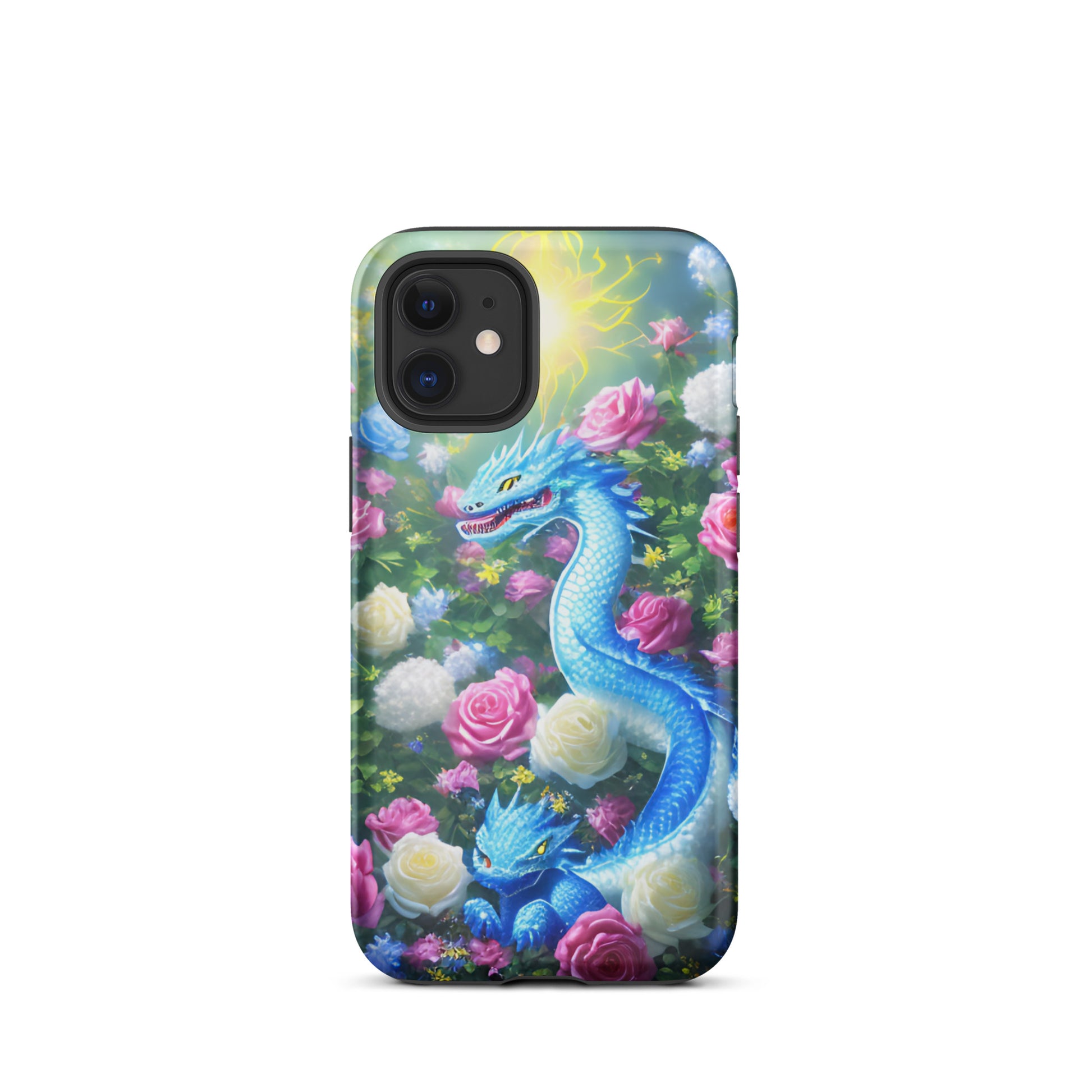 A fantasy picture of Dragon Garden #5 iPhone tough case with many colors of roses and in the middle is a blue dragon with it's baby - matte-iphone-12-mini-front