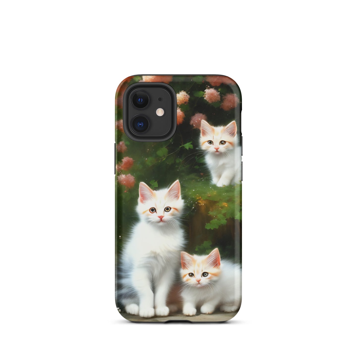 A picture of a iphone tough case with 3 fluffy white and orange kittens and peach colored flowers in the background - matte-iphone-12-mini-front