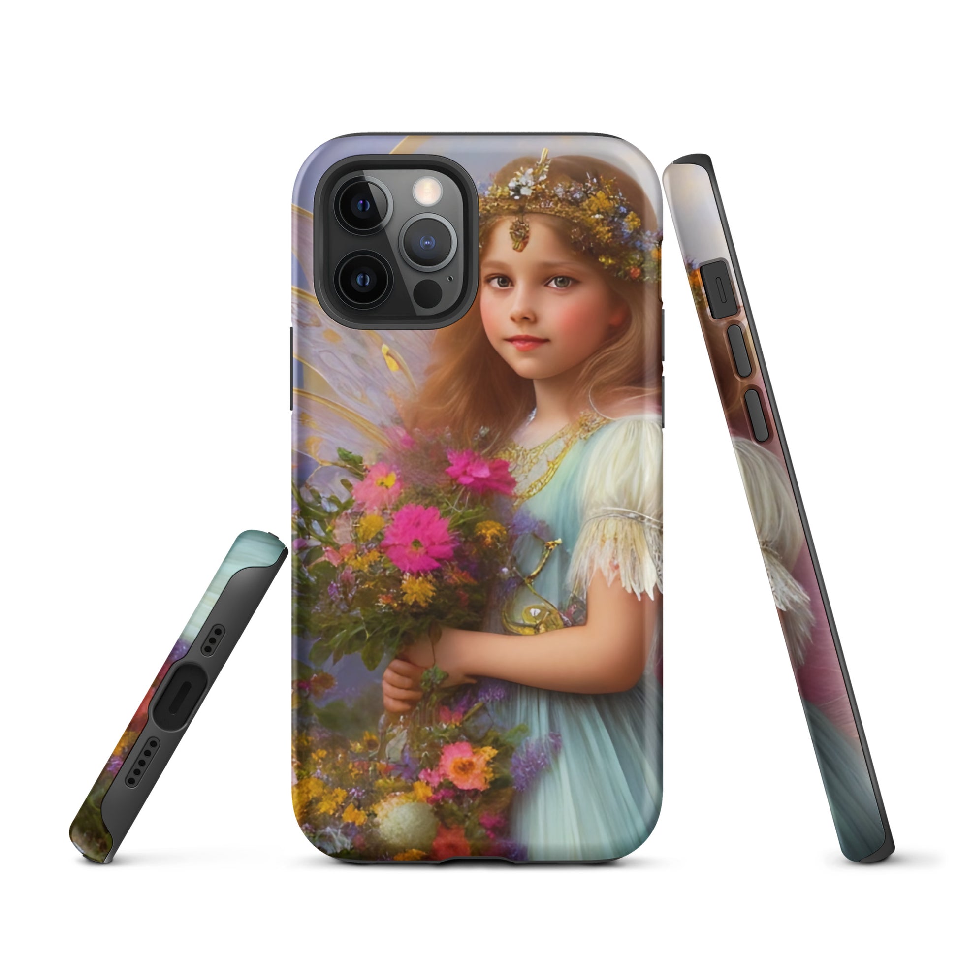 A picture of a iphone tough case with a beautiful young fairy princess, glittering crown and detailed dress. She is holding a bunch of colorful flowers and has very pretty fairy wings   - matte-iphone-12-pro-front