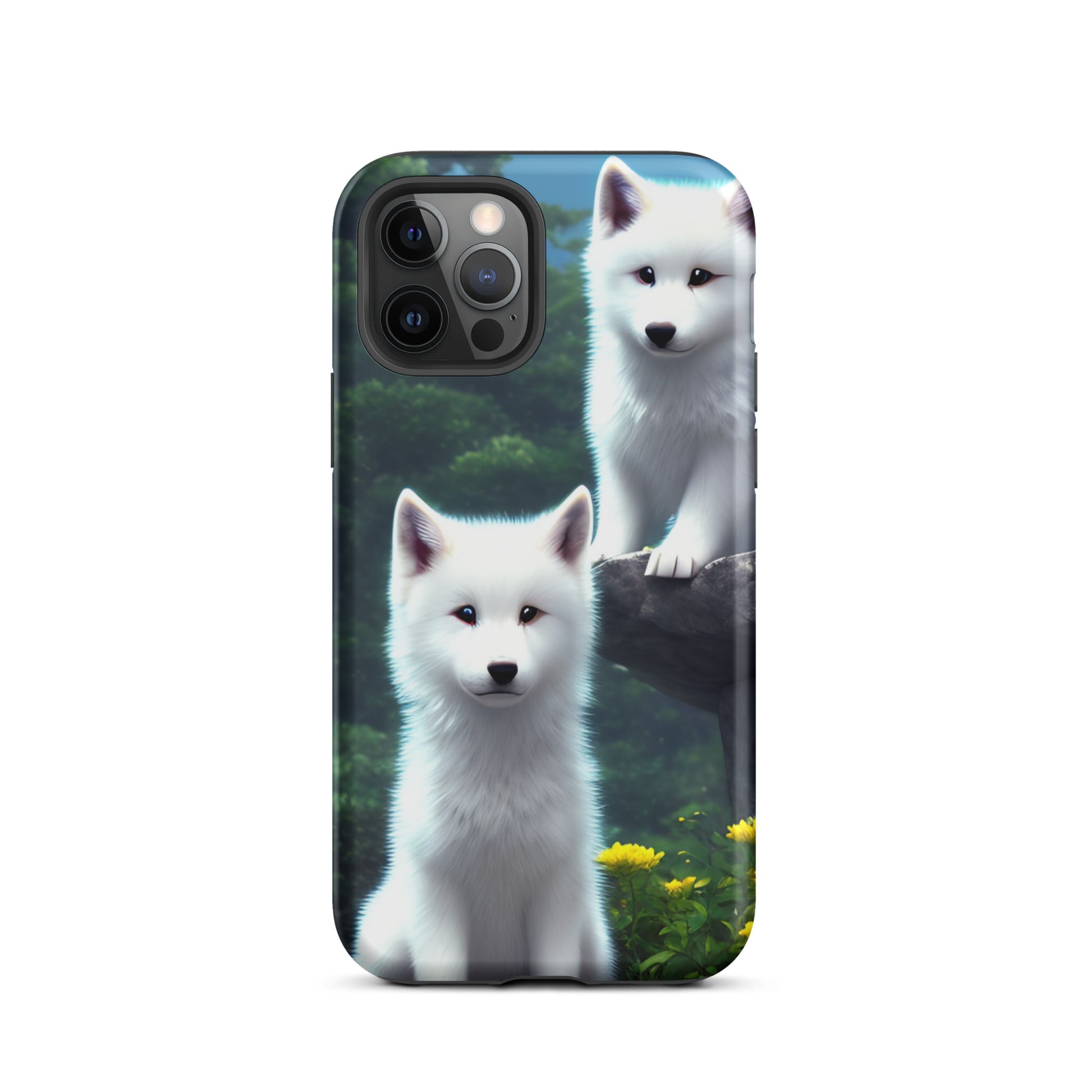 A fantasy picture of 2 white wolf cubs sitting looking straight on iPhone tough case - matte-iphone-12-pro-front
