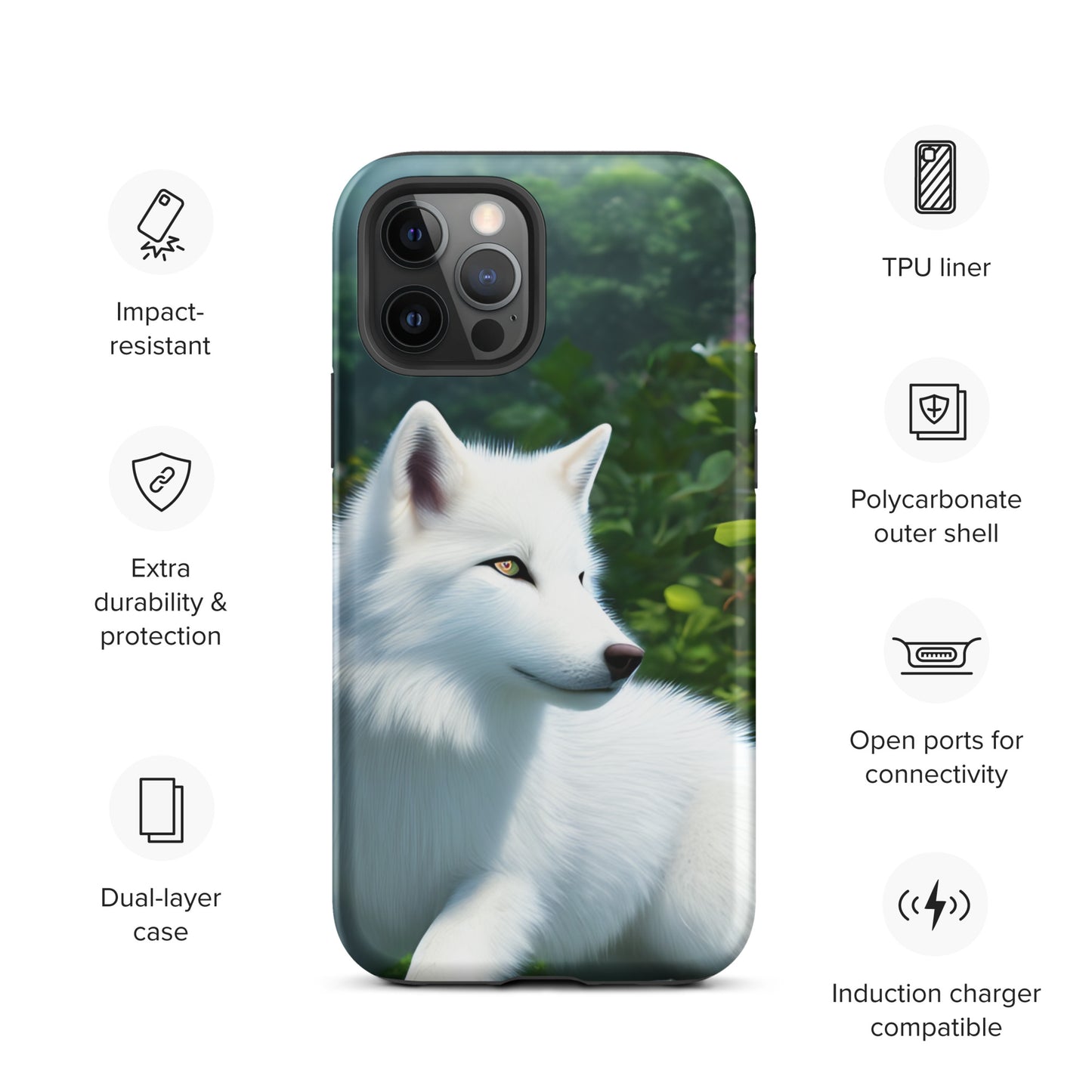 A fantasy picture of White Wolf #2 iPhone tough case with a pure white wolf laying down head up and alert - matte-iphone-12-pro-front