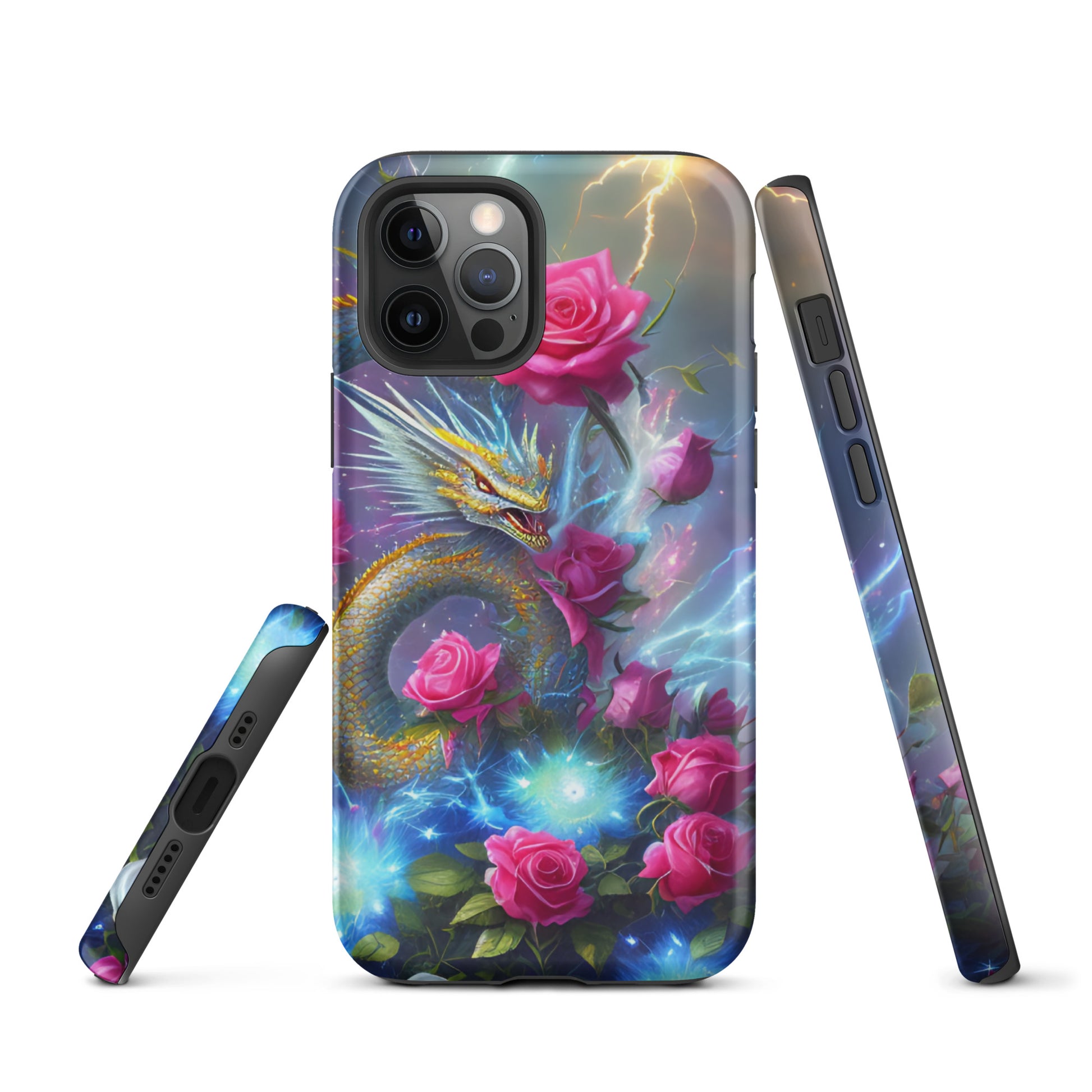 A fantasy picture of Dragon Garden #3 iPhone tough case with pink of roses and in the middle is a blue and gold dragon with colorful lightning bolts - matte-iphone-12-pro-front