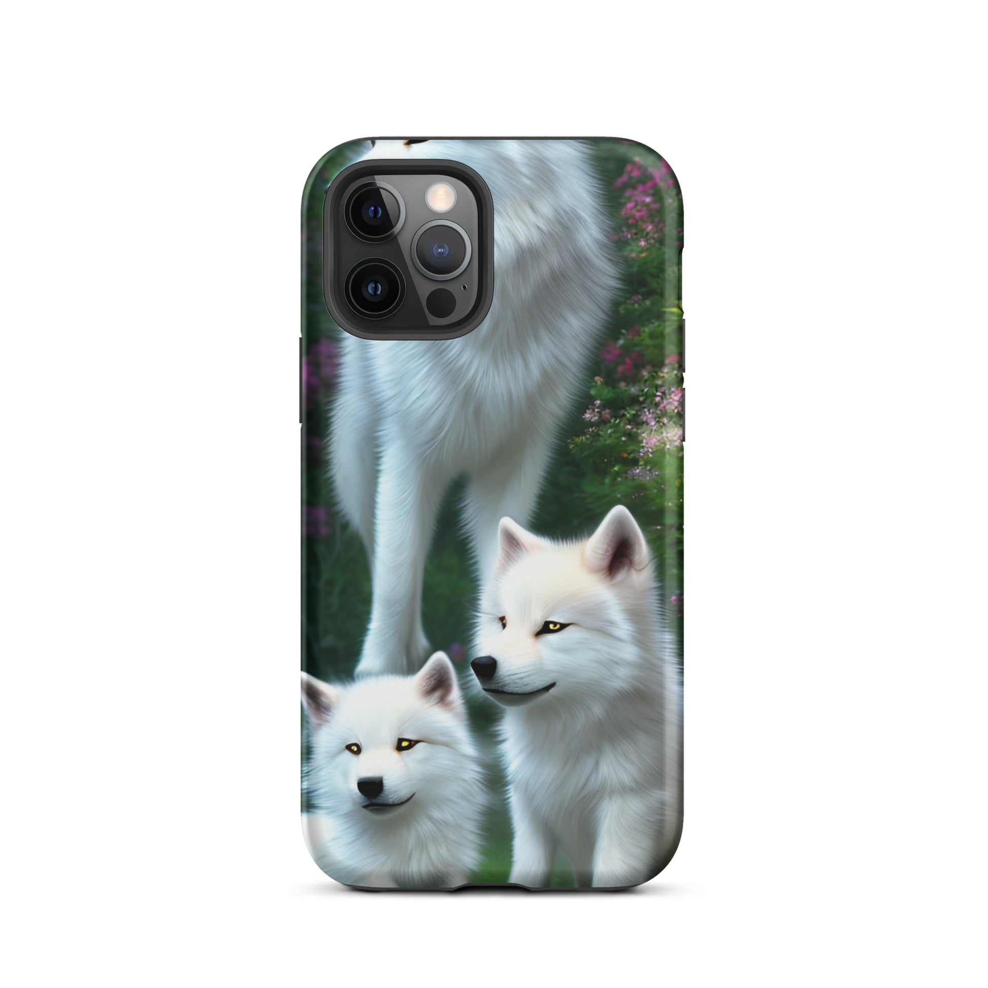 A fantasy picture of white wolves iPhone tough case with many colored flowers and 2 wolf cubs bottom front with an Mother Wolf standing behind - matte-iphone-12-pro-front