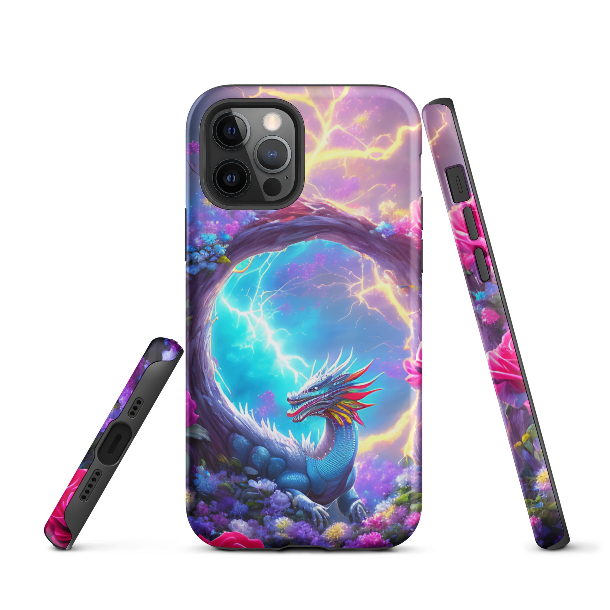 A fantasy picture of Dragon Garden iPhone tough case with many colors of roses and in the middle is a rainbow dragon with lightning bolts - matte-iphone-12-pro-front