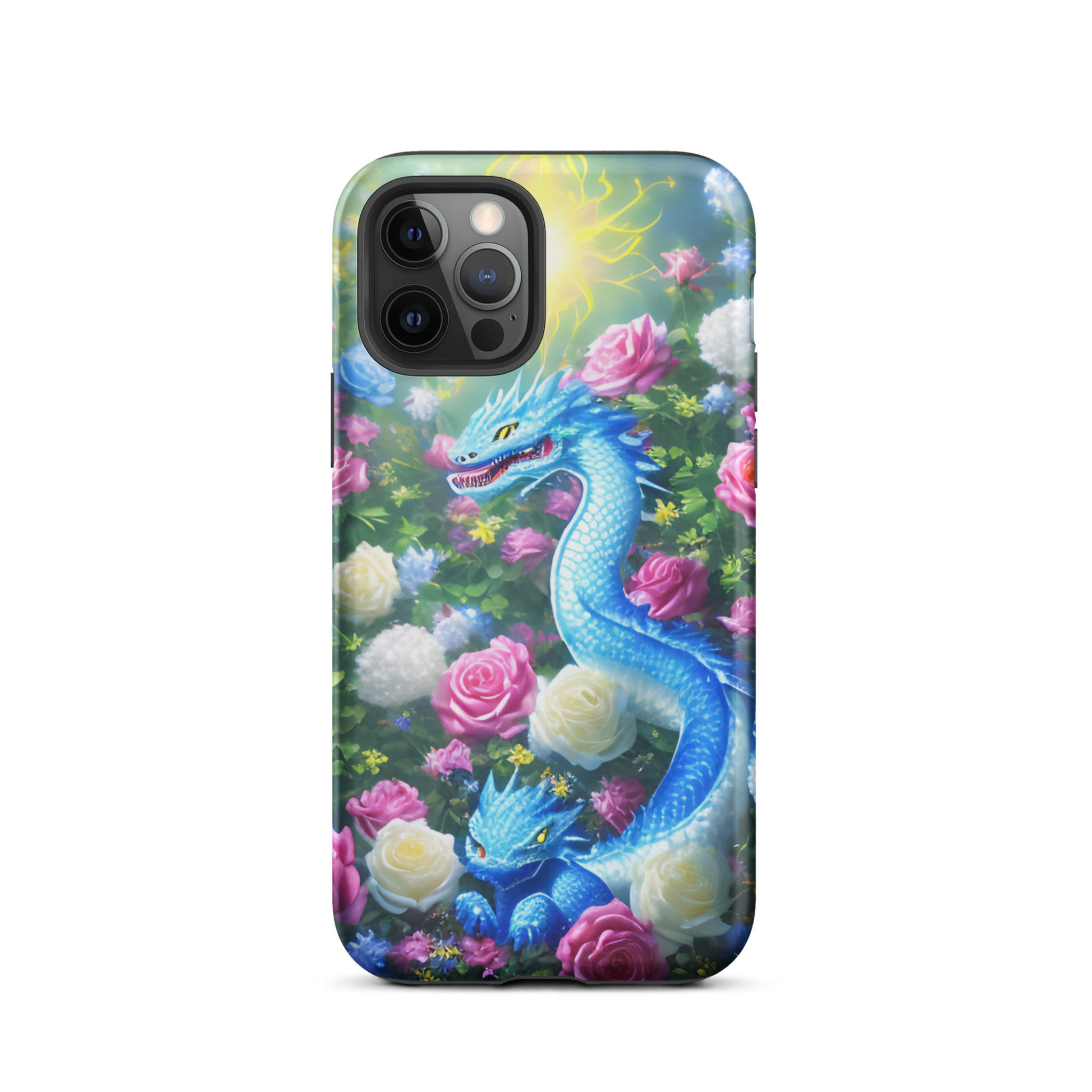 A fantasy picture of Dragon Garden #5 iPhone tough case with many colors of roses and in the middle is a blue dragon with it's baby - matte-iphone-12-pro-front