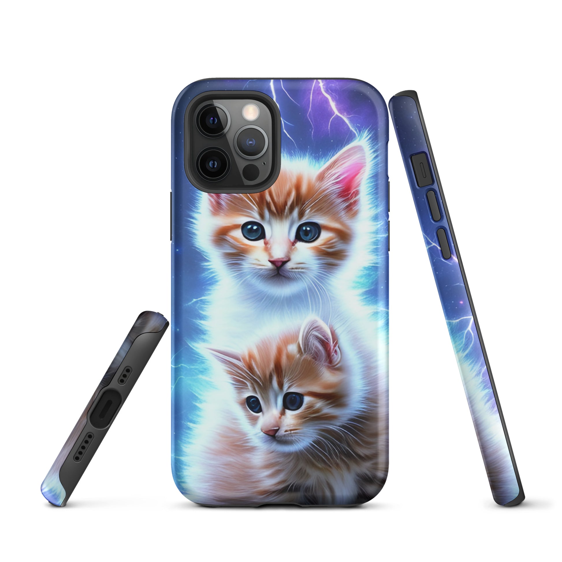 A picture of a iphone tough mobile phone case with fluffy 2 orange and white kittens against a stormy background - matte-iphone-12-pro-front
