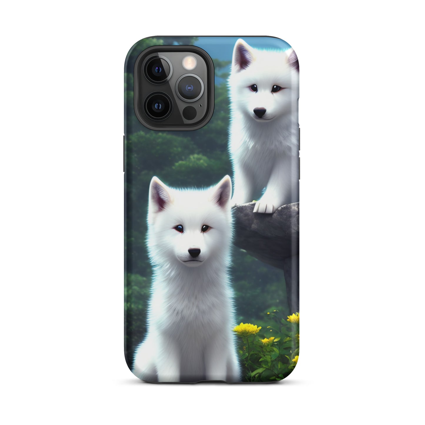 A fantasy picture of 2 white wolf cubs sitting looking straight on iPhone tough case - matte-iphone-12-pro-max-front