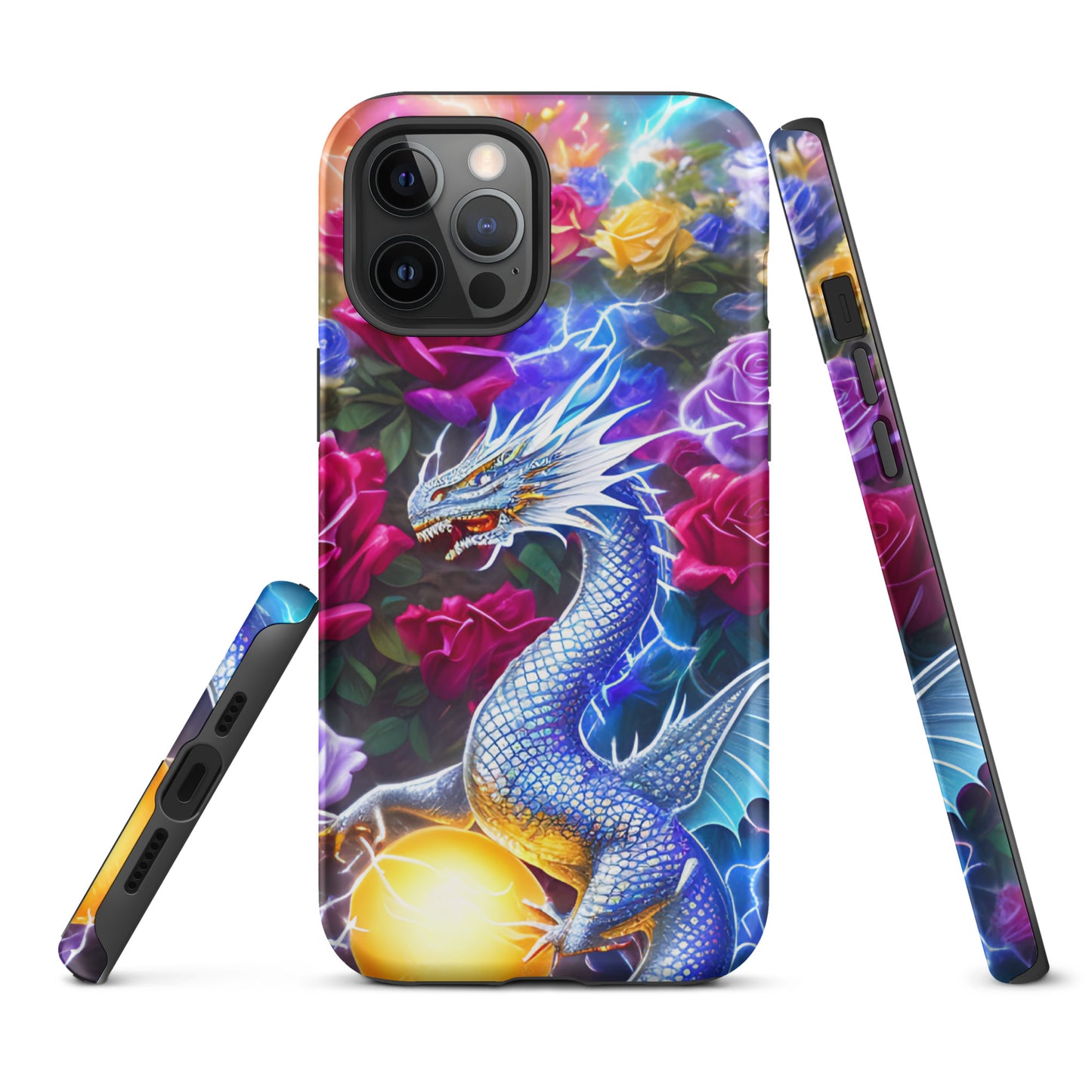 A fantasy picture of Dragon Garden #4 iPhone tough case with many colorful roses and in the middle is a white and blue dragon with a gold dragon egg and crackling lightning bolts - matte-iphone-12-pro-max-front