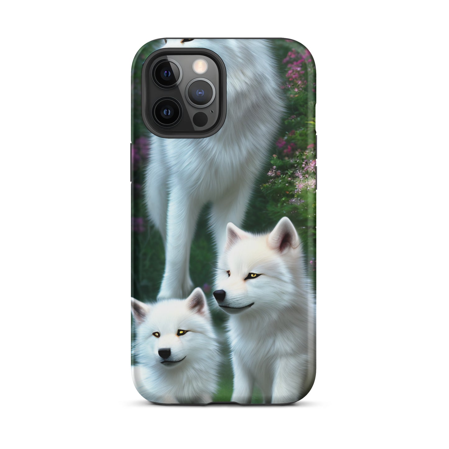 A fantasy picture of white wolves iPhone tough case with many colored flowers and 2 wolf cubs bottom front with an Mother Wolf standing behind - matte-iphone-12-pro-max-front