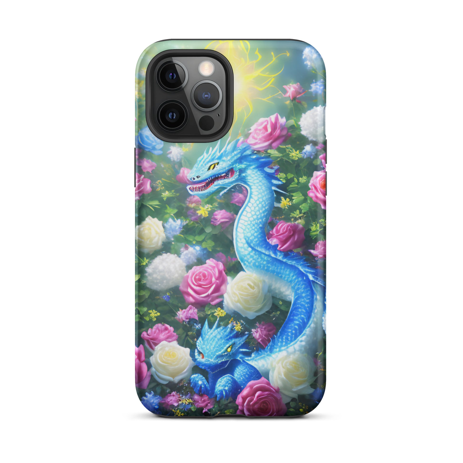 A fantasy picture of Dragon Garden #5 iPhone tough case with many colors of roses and in the middle is a blue dragon with it's baby - matte-iphone-12-pro-max-front
