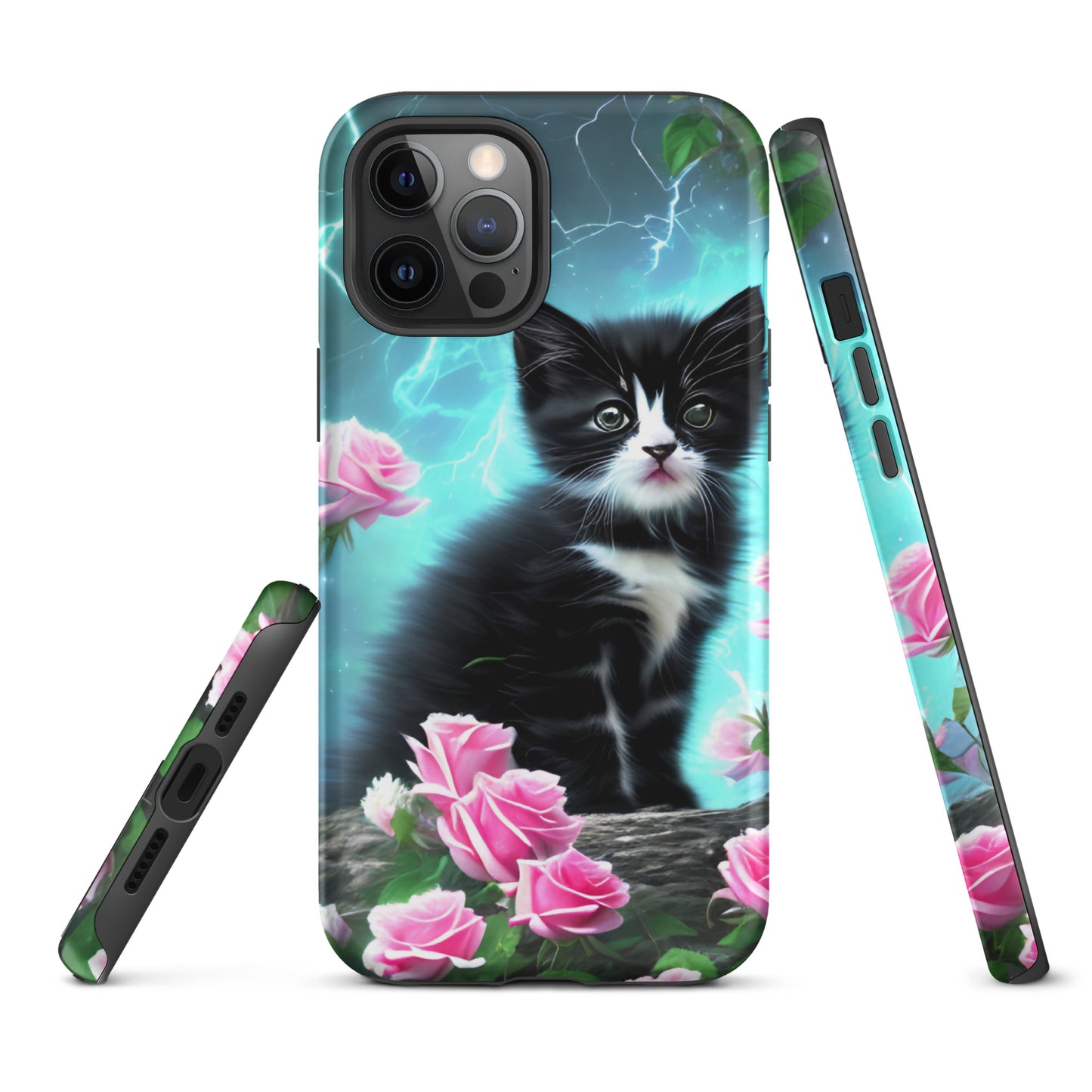 A picture of a iphone tough case with a Black and White Kitten and some pink roses - matte-iphone-12-pro-max-front