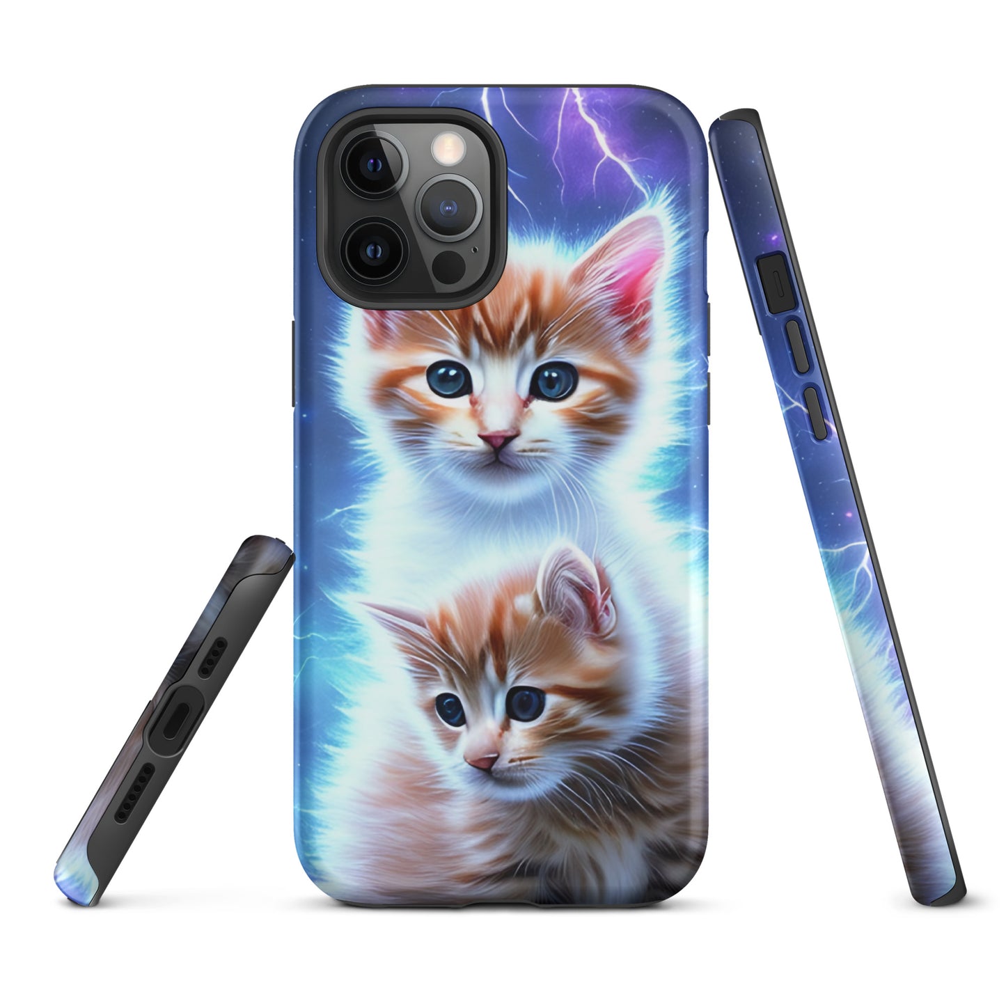 A picture of a iphone tough mobile phone case with fluffy 2 orange and white kittens against a stormy background - matte-iphone-12-pro-max-front