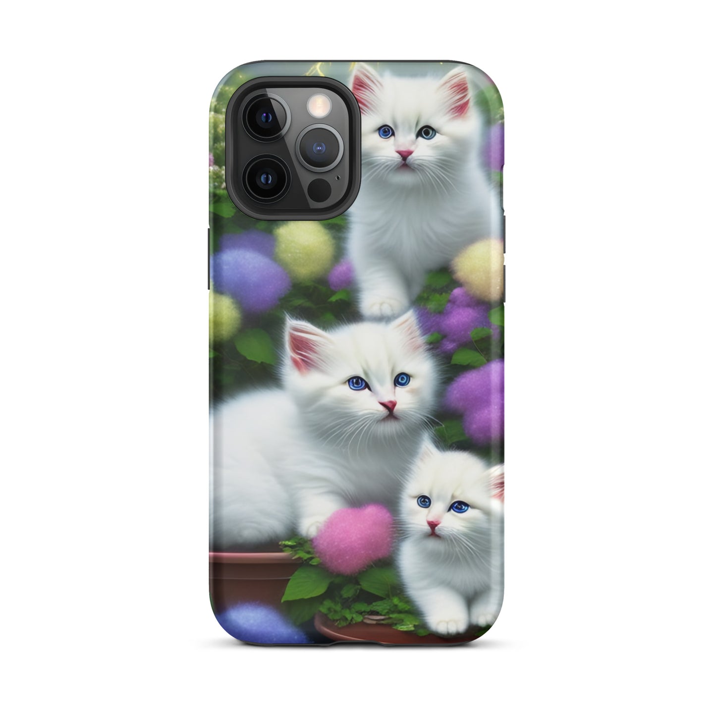 A picture of a iphone tough case with a picture of 3 pure white kittens with blue eyes in a garden filled with flowers - matte-iphone-12-pro-max-front