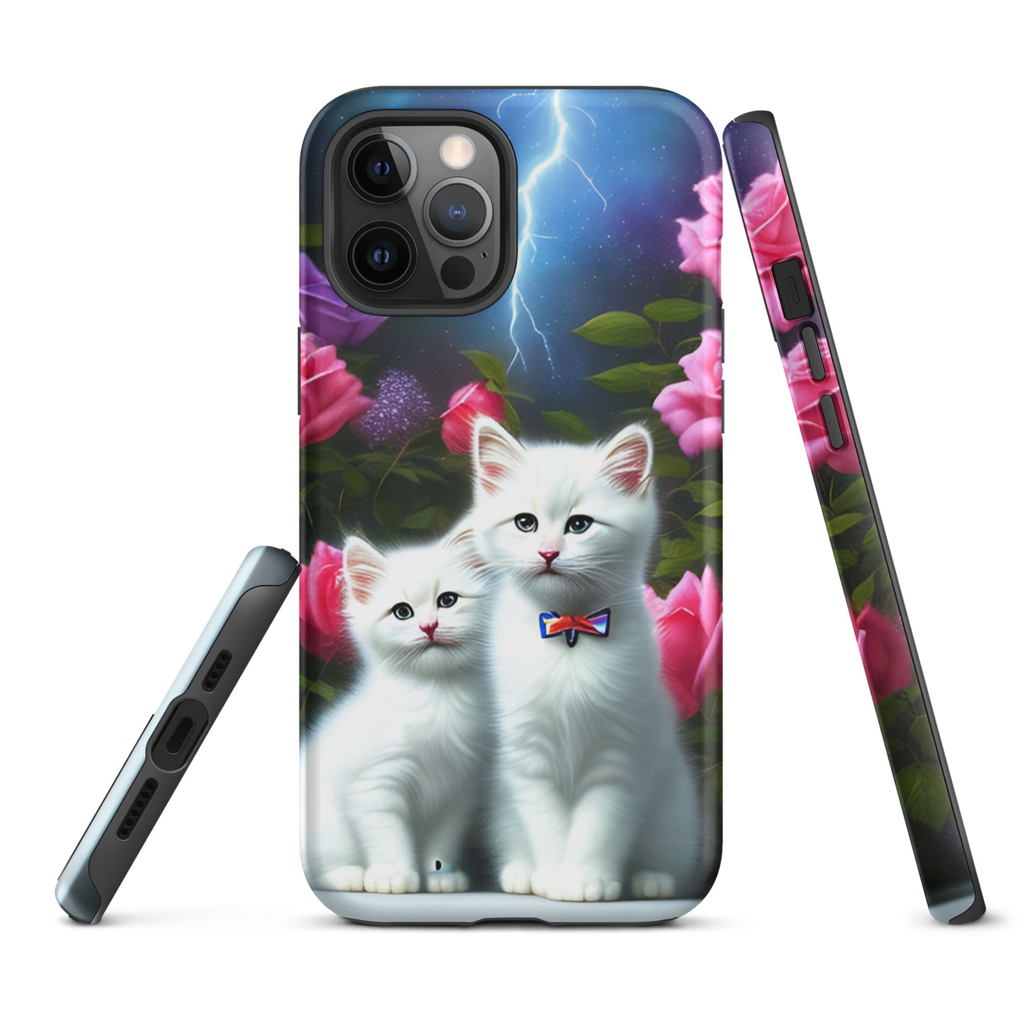A picture of a iphone tough mobile phone case with 2 white kittens sitting in a flower garden and pink roses - matte-iphone-12-pro-max-front