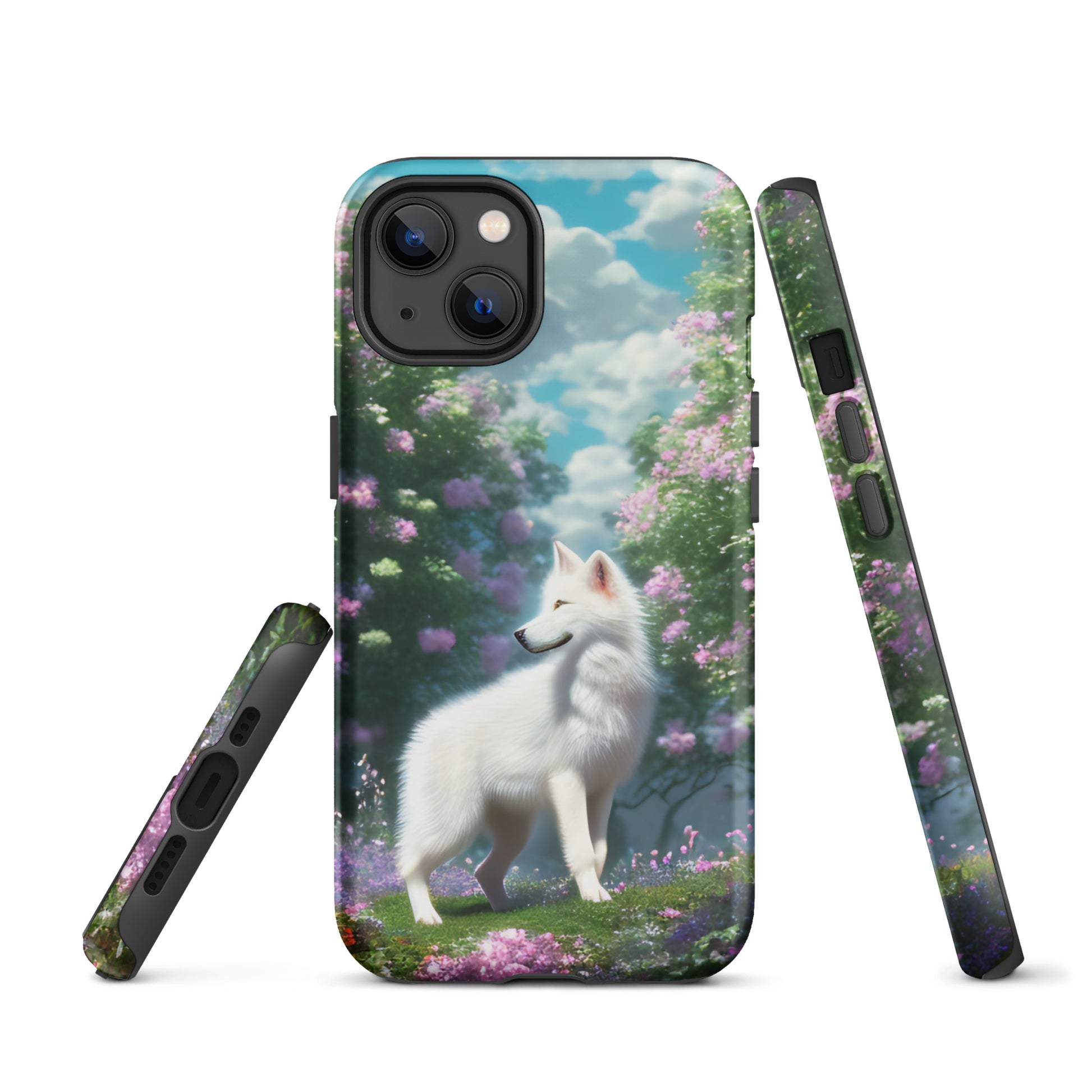 A fantasy picture of white wolf iPhone tough case full picture of a lone white wolf standing in a garden full of flowers - matte-iphone-13-front