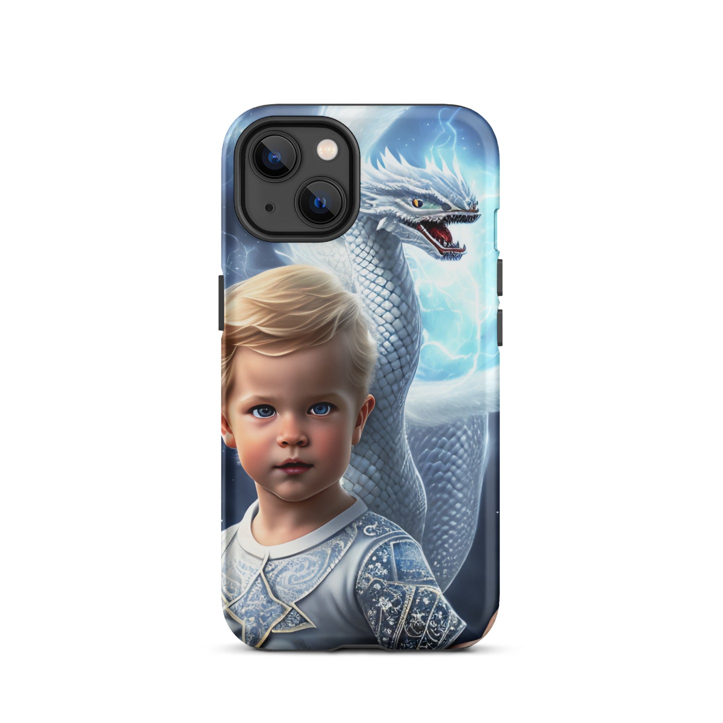 A picture of a an iphone case with a blond haired blue eyed boy, pale blue shirt with white intricate patter Dragon Prince tough iphone case - matte-iphone-13-front